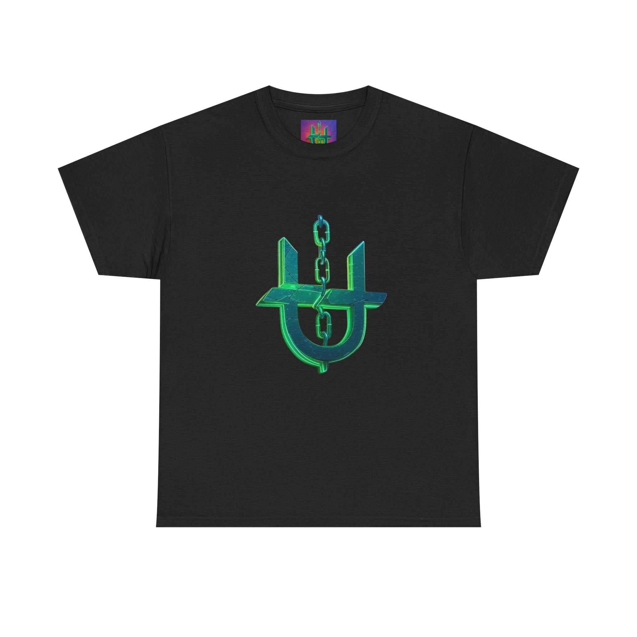 Black T-shirt with glowing green and teal Neon Unhinged logo on front in classic fit