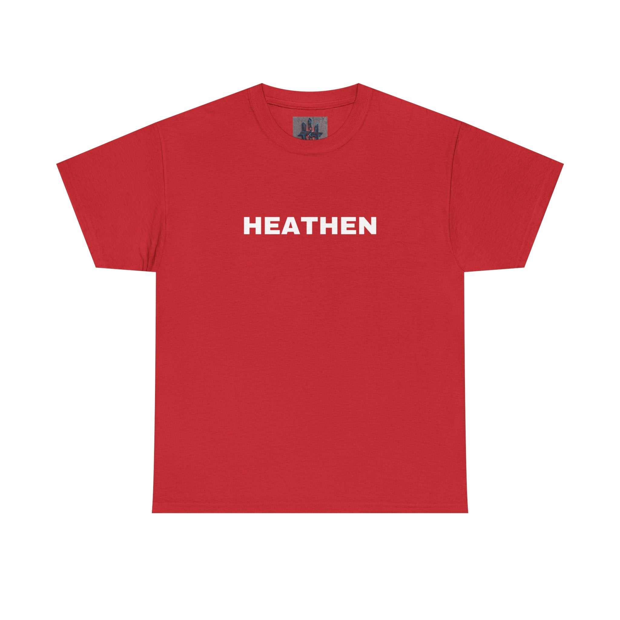 Red Heathen t-shirt with bold white text on front, made of durable 100% cotton medium-weight fabric