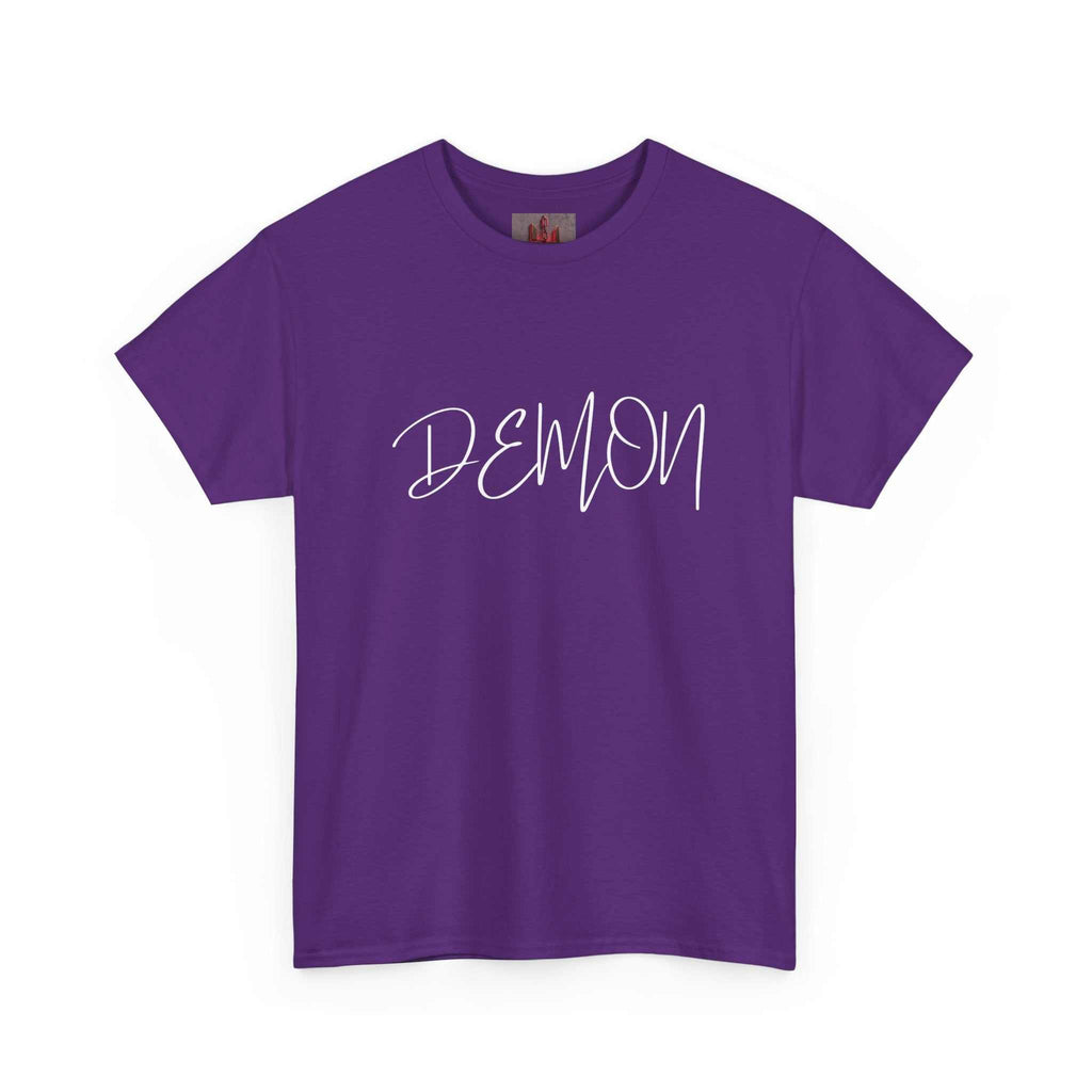 Purple Demon Script t-shirt with handwritten white text, soft breathable cotton, classic fit, ribbed collar and shoulder tape.