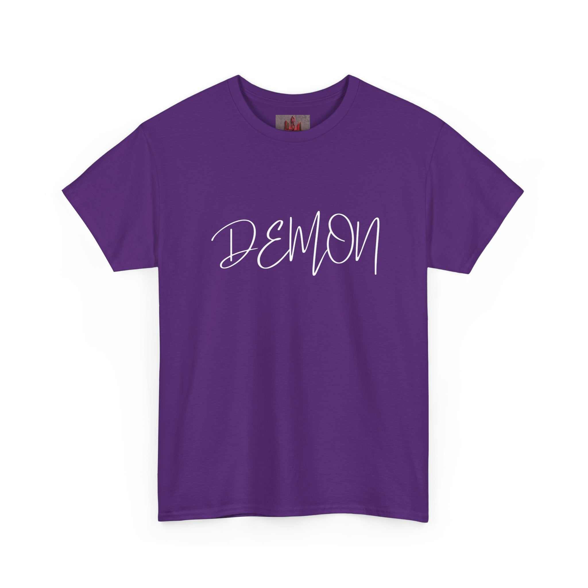 Purple Demon Script t-shirt with handwritten white text, soft breathable cotton, classic fit, ribbed collar and shoulder tape.