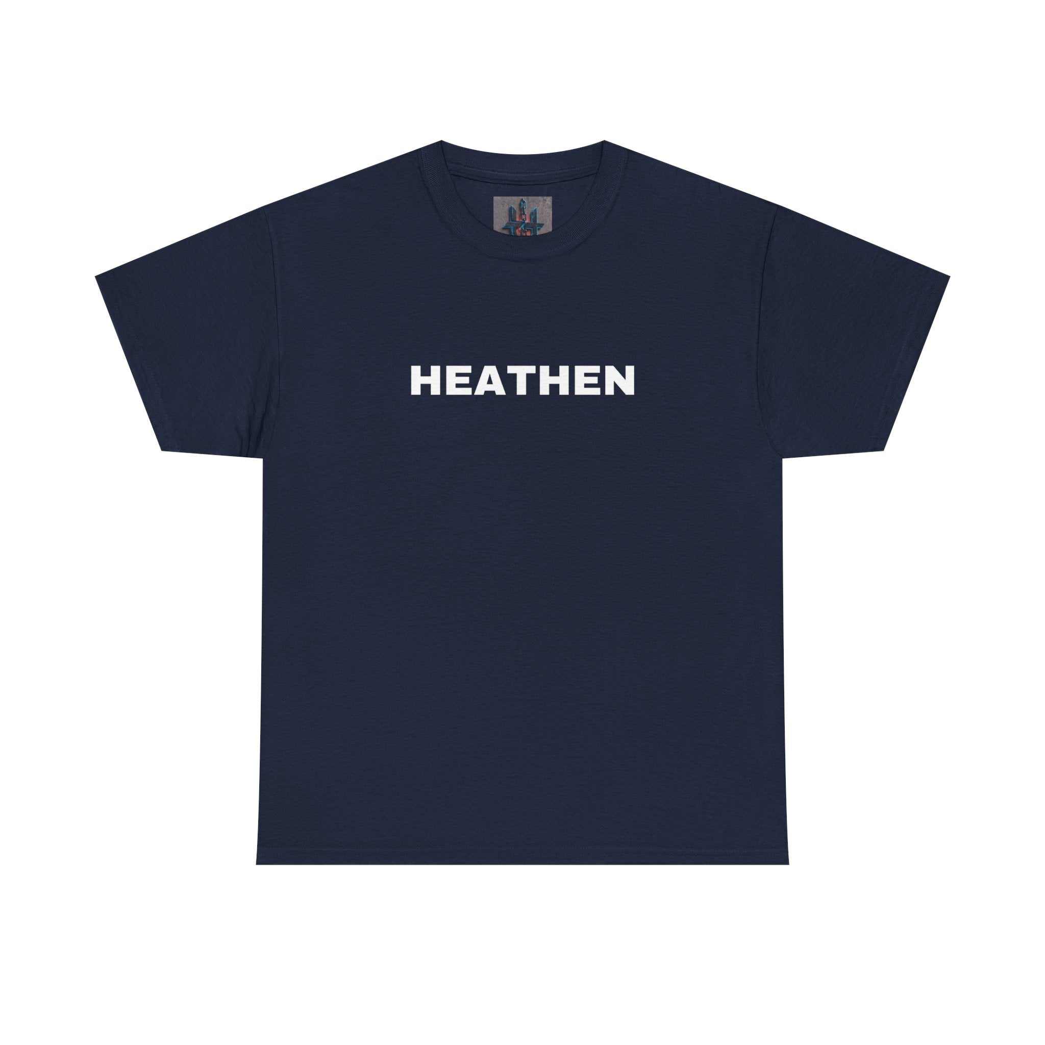Navy blue cotton t-shirt with bold white "HEATHEN" text on the chest, durable and comfortable design.