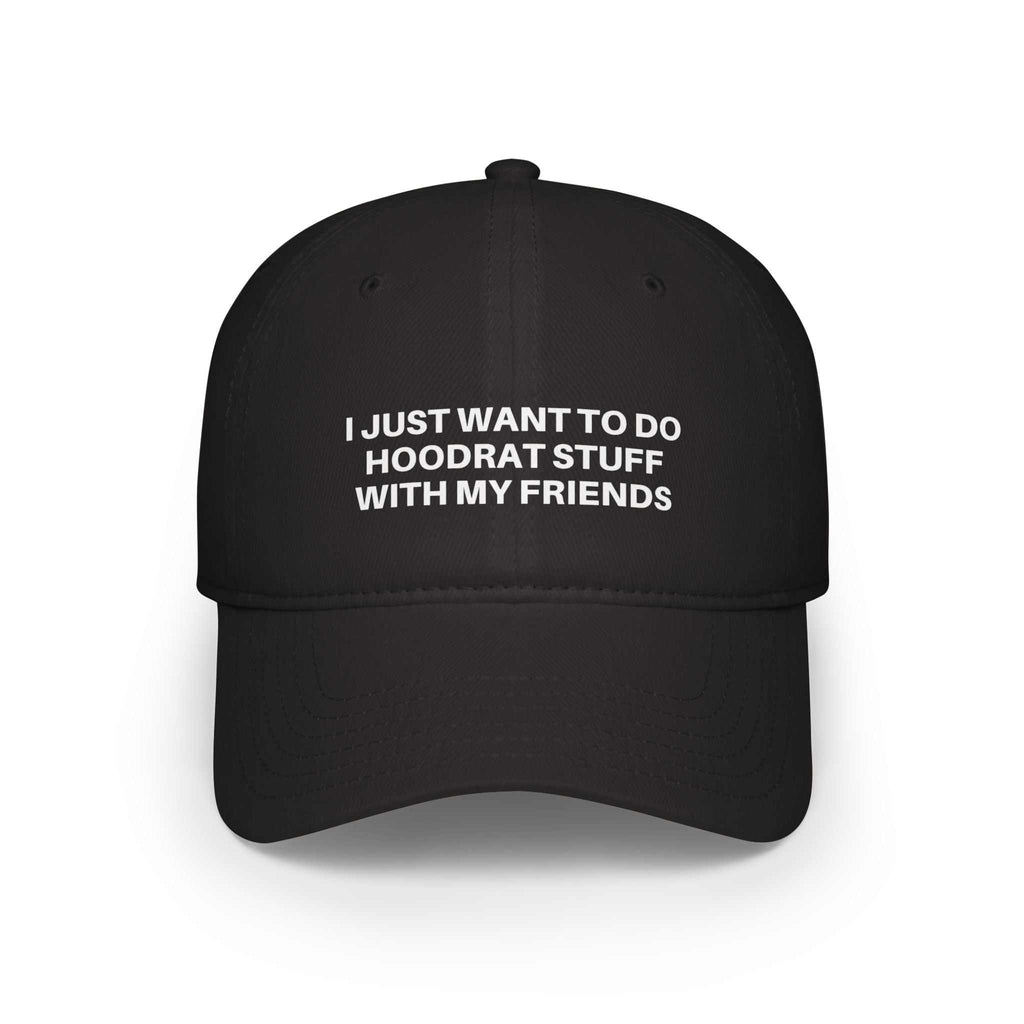 Black low profile baseball cap with white embroidered text "I JUST WANT TO DO HOODRAT STUFF WITH MY FRIENDS" and adjustable Velcro closure