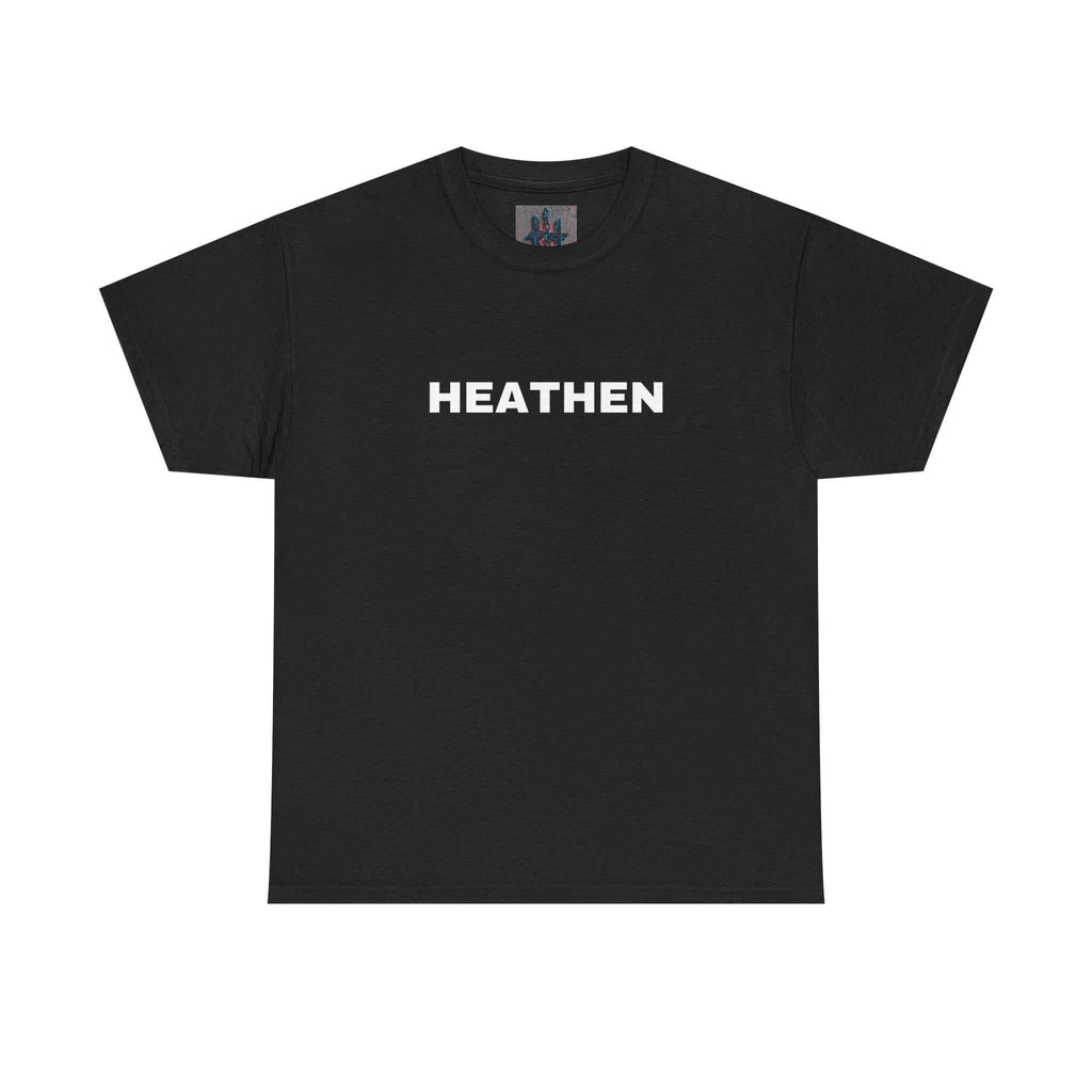 Black Heathen t-shirt with bold white text, durable 100% cotton, classic fit