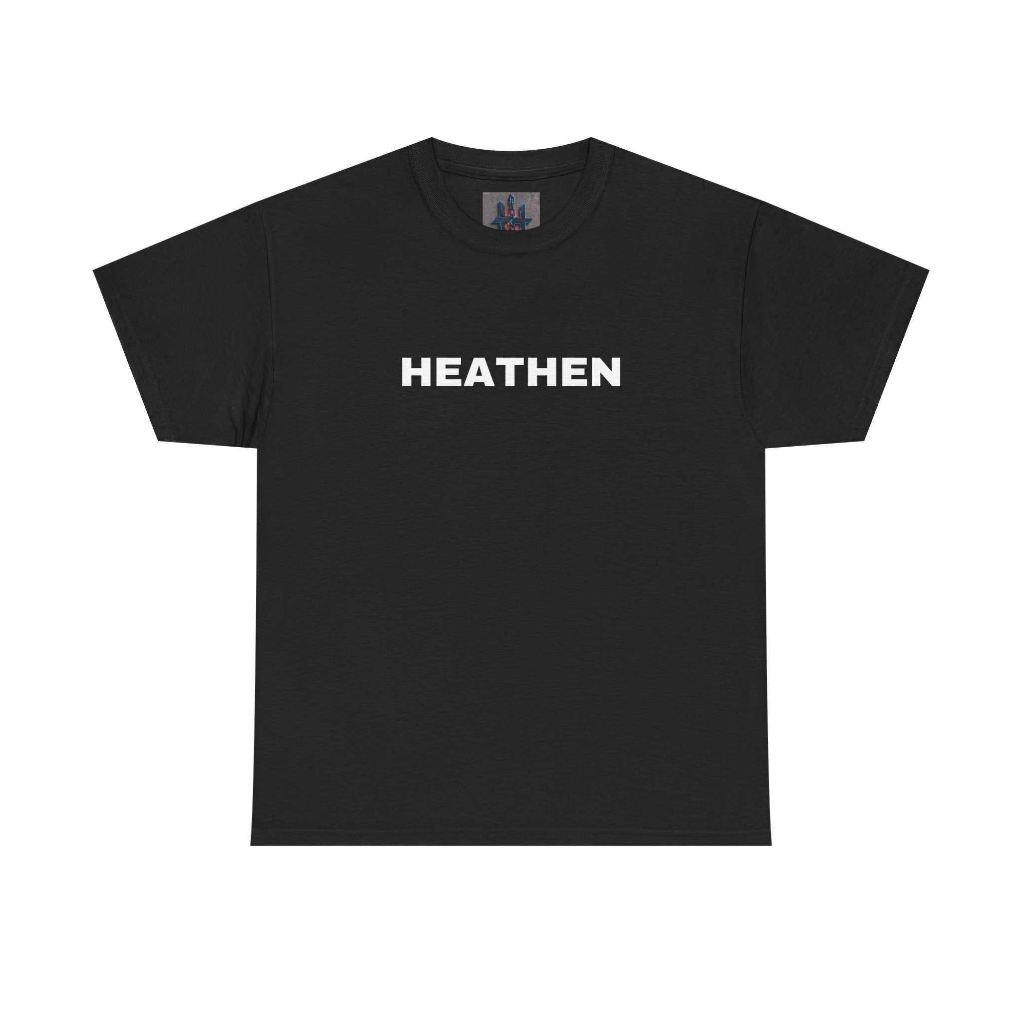 Black Heathen t-shirt with bold white text, durable 100% cotton, classic fit