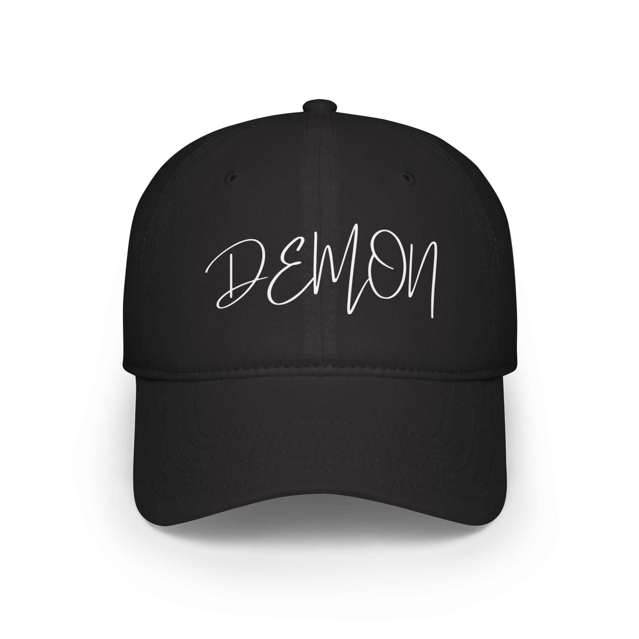 Black Demon Script Baseball Cap with low-profile cotton twill and adjustable Velcro strap