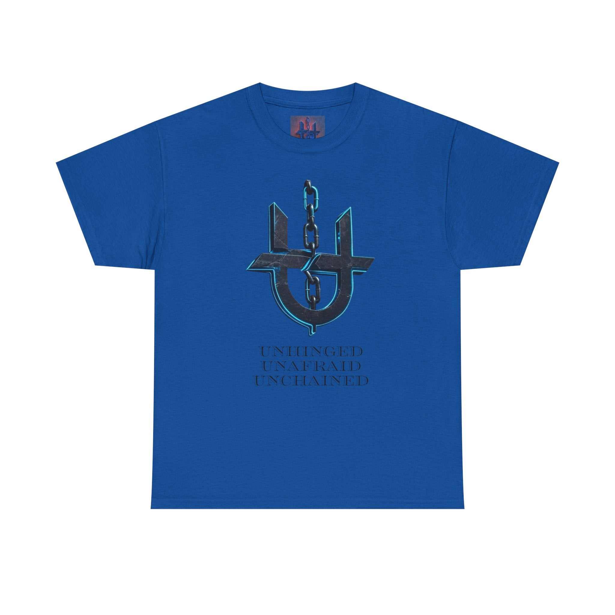 Black Printify t-shirt featuring the Unhinged UnChained Unafraid emblem on the front, showcasing a bold design.
