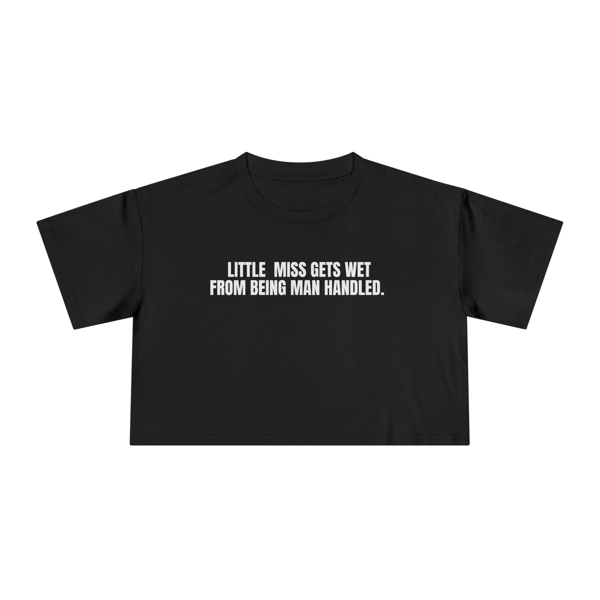 Black Little Miss Crop Top with bold white cheeky text, relaxed boxy fit, and dropped shoulders.