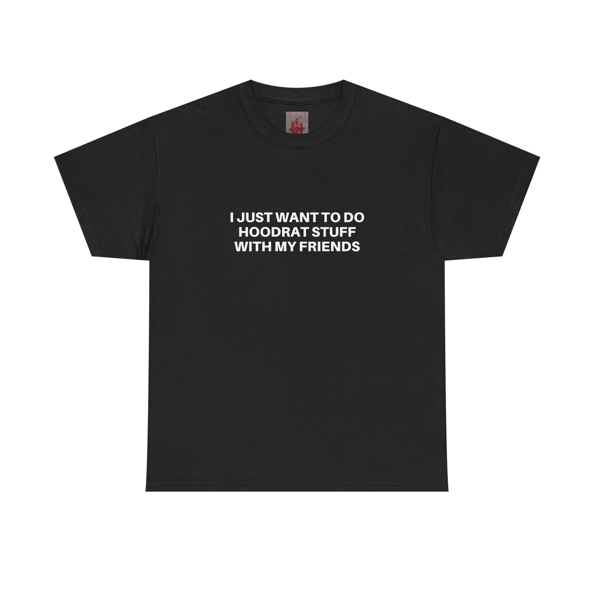 Black crew neck T-shirt with white text "I JUST WANT TO DO HOODRAT STUFF WITH MY FRIENDS" printed on front