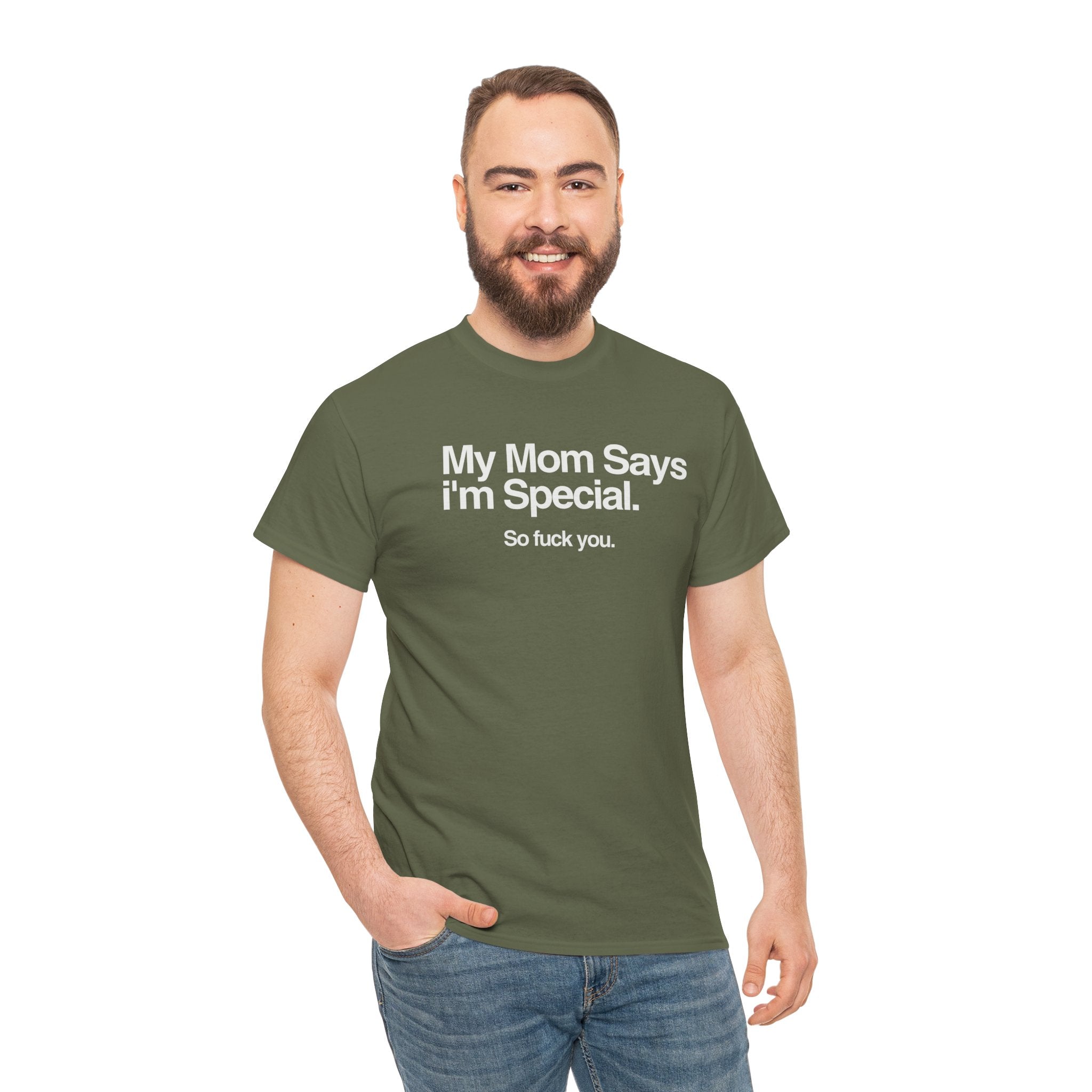 Printify My Mom Says T-Shirt in soft cotton with a stylish graphic print, perfect for casual wear.