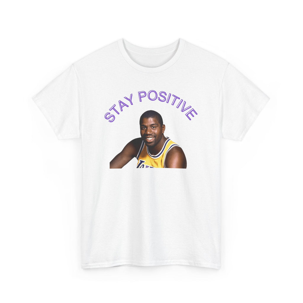 White cotton Stay Positive Basketball Player T-shirt with player image and purple text on chest