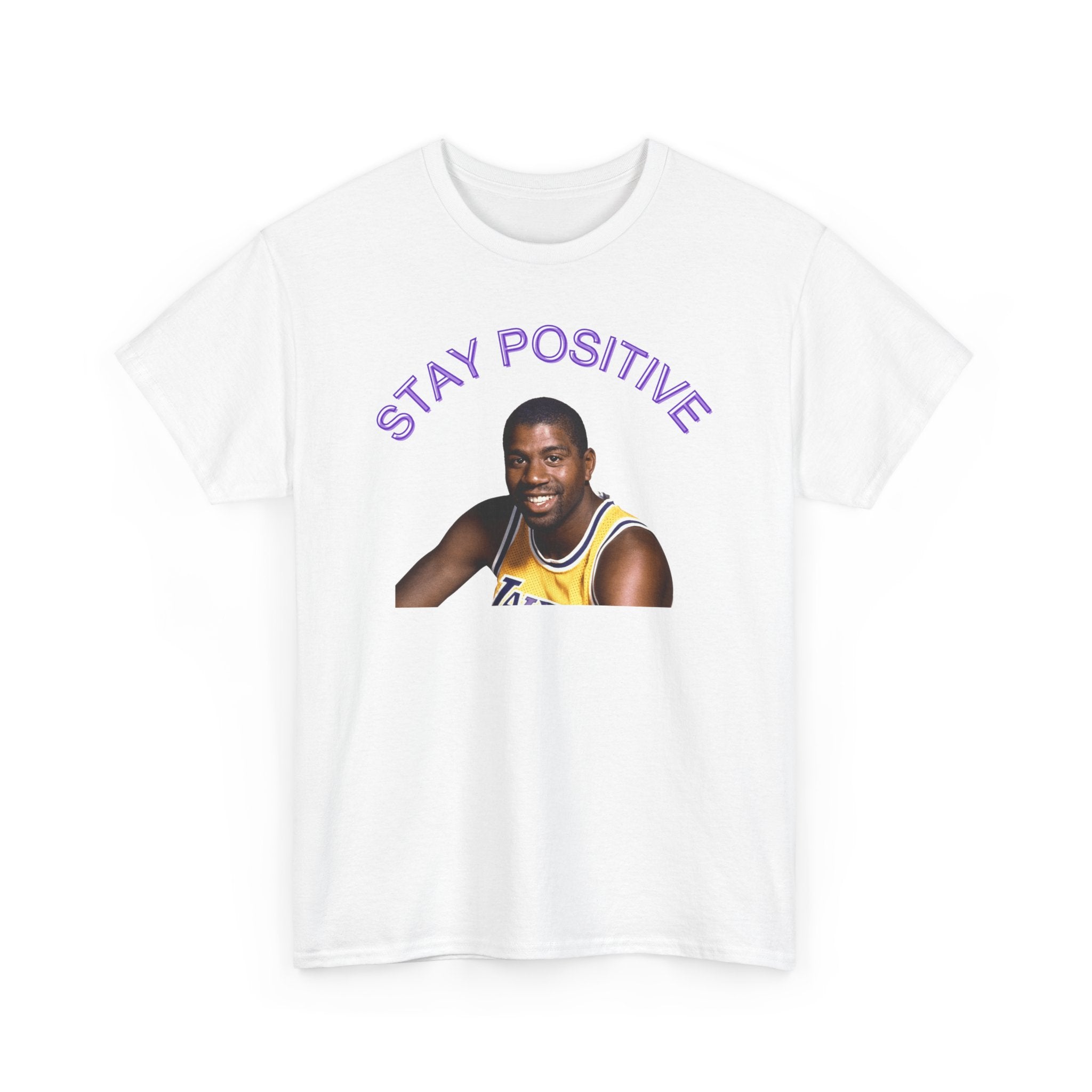 White cotton Stay Positive Basketball Player T-shirt with player image and purple text on chest