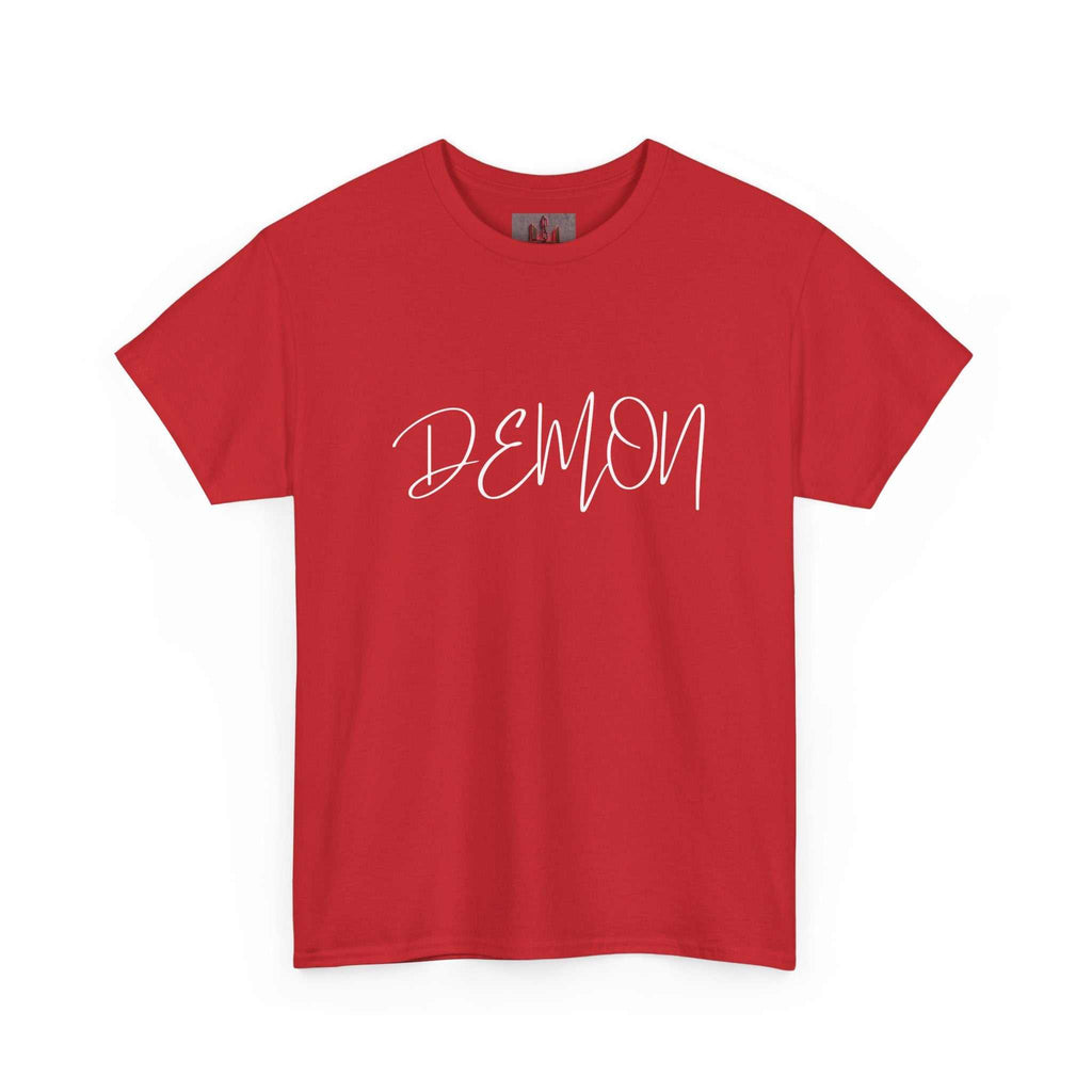 Red Demon Script t-shirt with bold white handwritten text, 100% cotton, breathable and comfortable fit