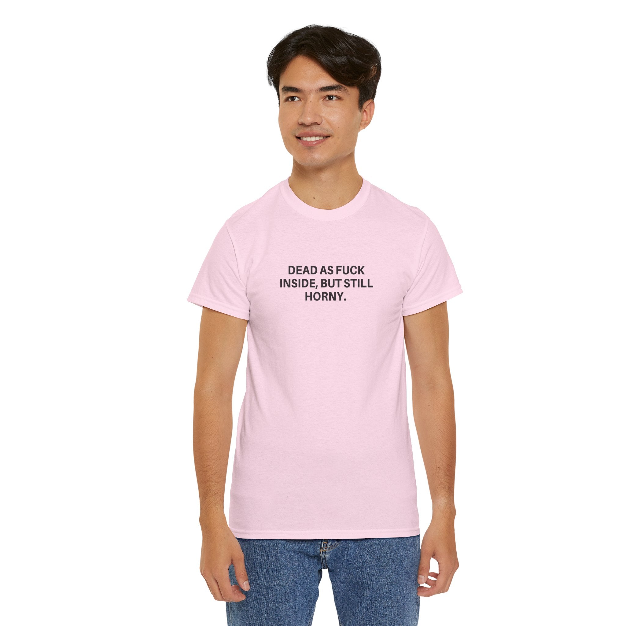 Black "Dead as F***" t-shirt by Printify featuring bold white graphic text on the front.