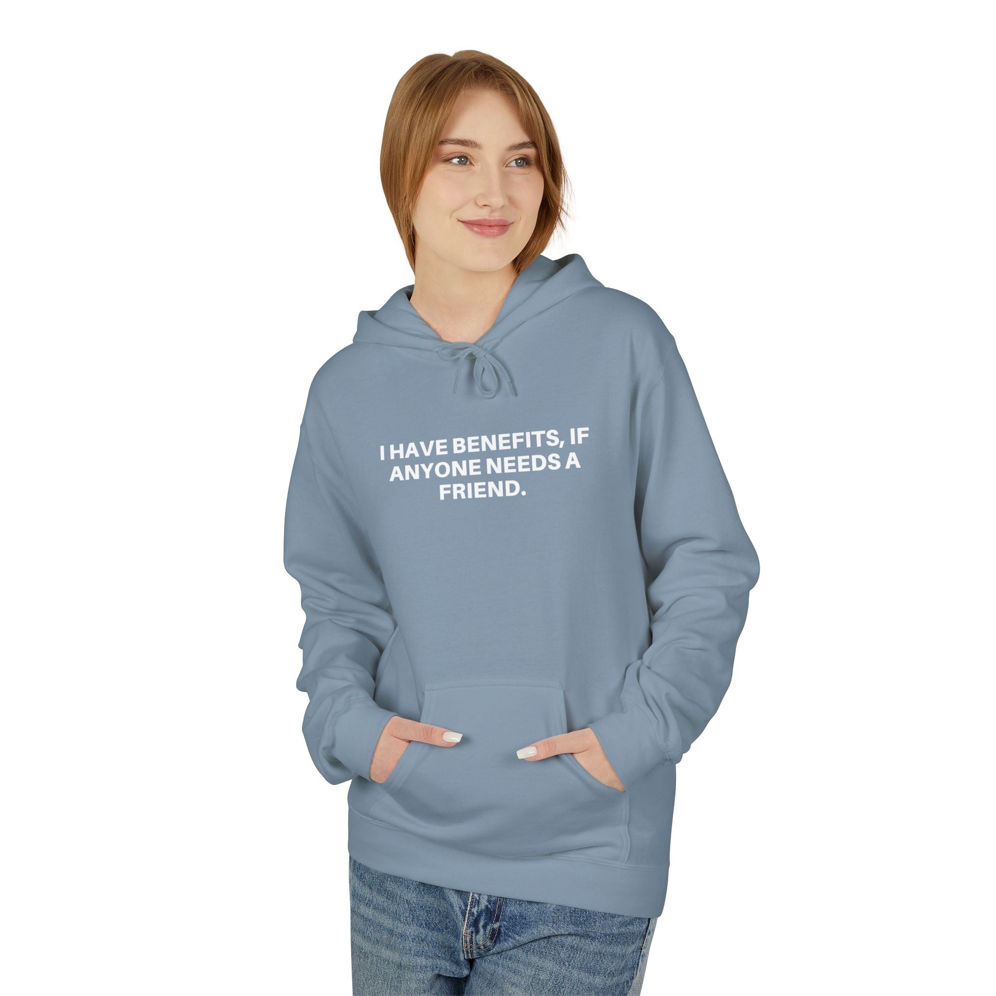 Cozy Printify hoodie in soft fabric featuring the slogan "Anyone Need A Friend" in bold lettering.