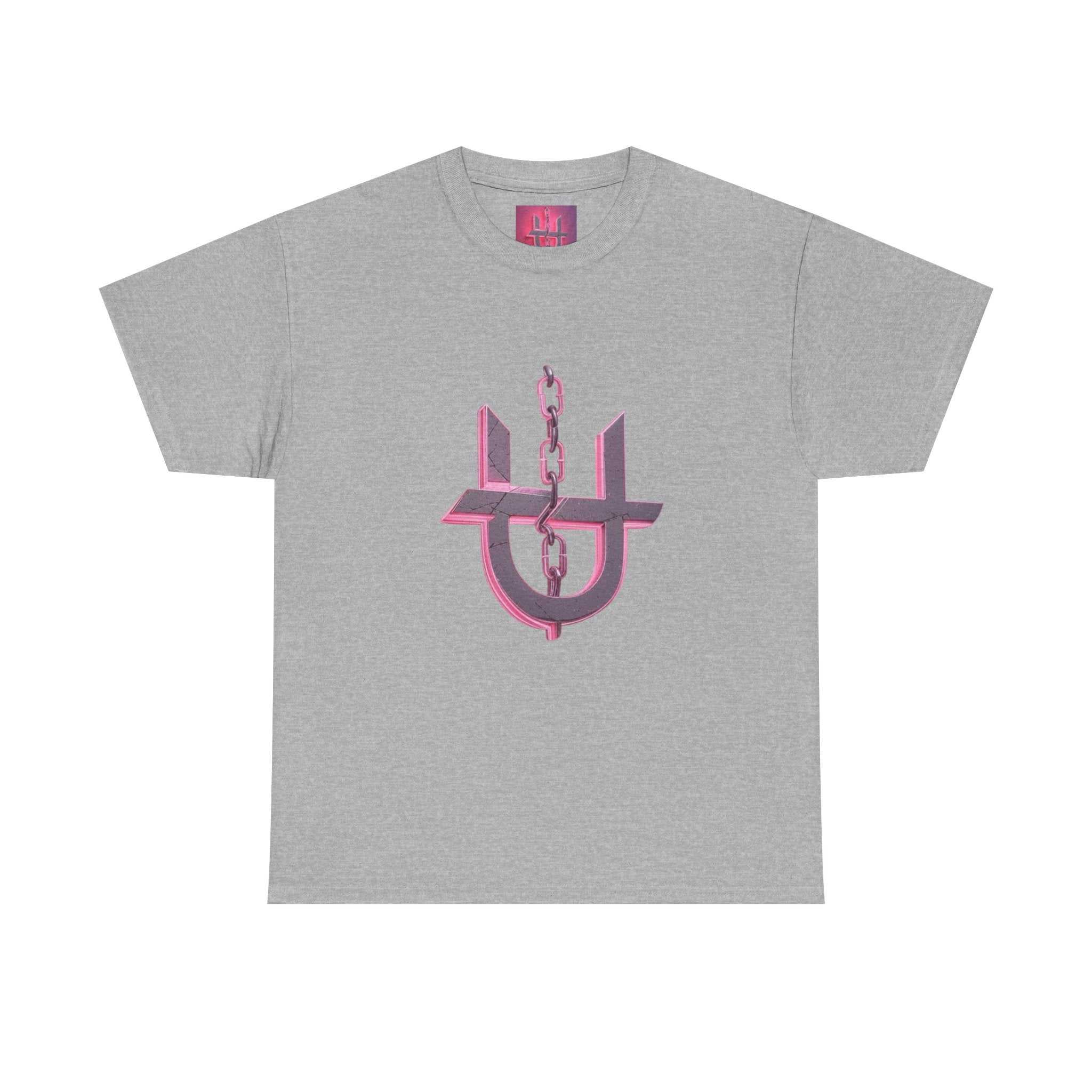 Pink Unhinged Logo t-shirt by Printify displayed on a flat surface with vibrant colors and bold graphic design.