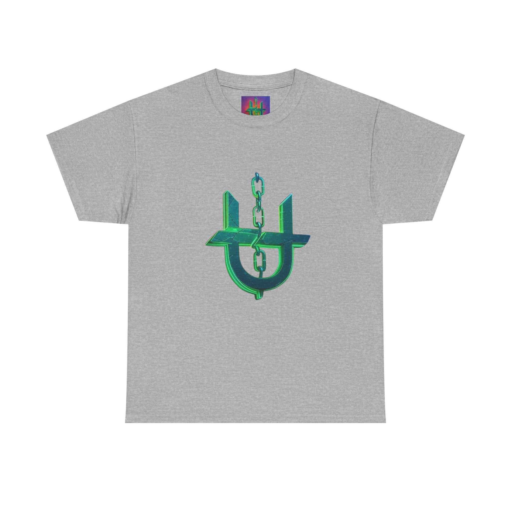 Green Neon Unhinged Logo T-Shirt by Printify displayed on a plain background, showcasing its vibrant design and fit.