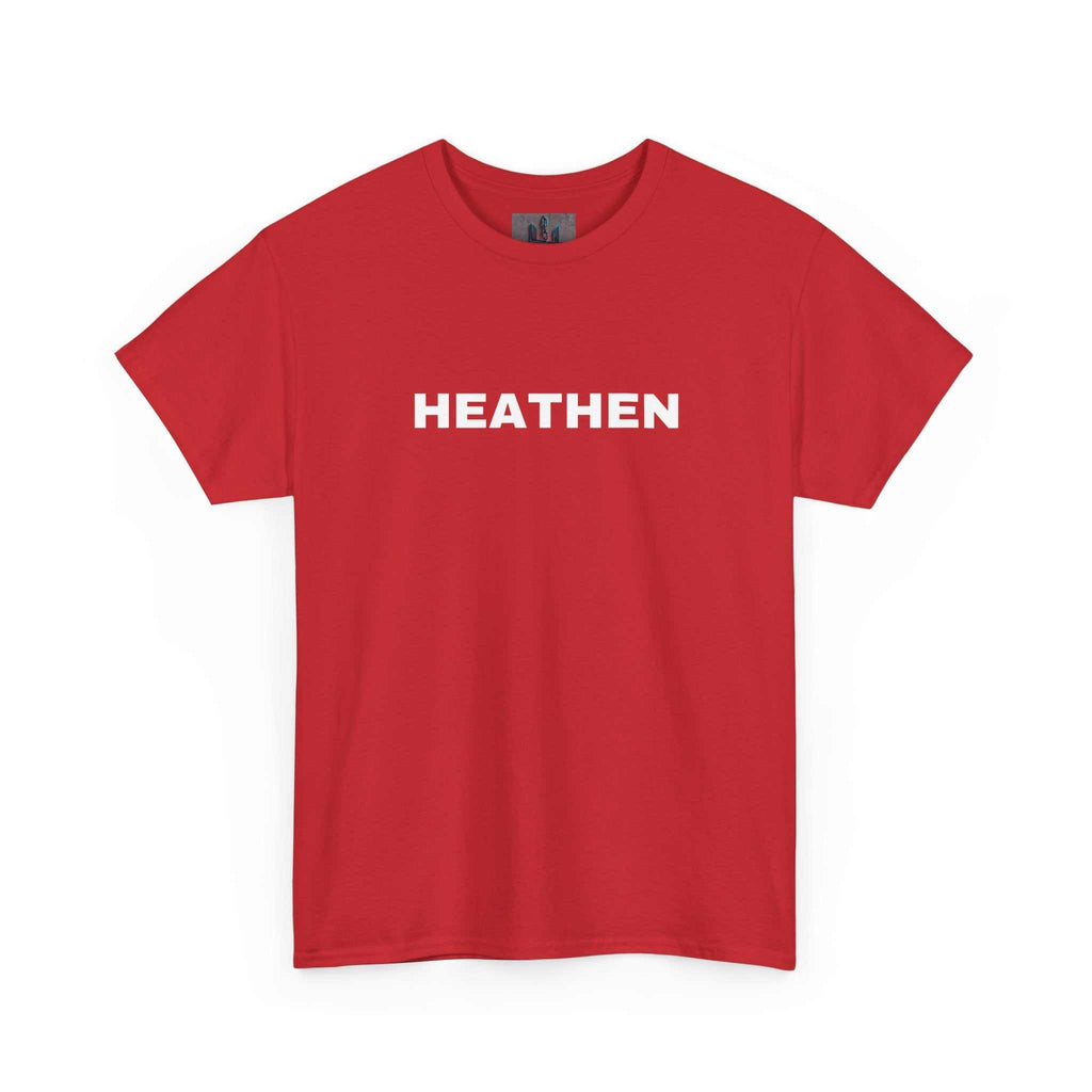 Red Heathen t-shirt with white bold text on chest in classic cotton, durable medium-weight fabric, no-nonsense style.