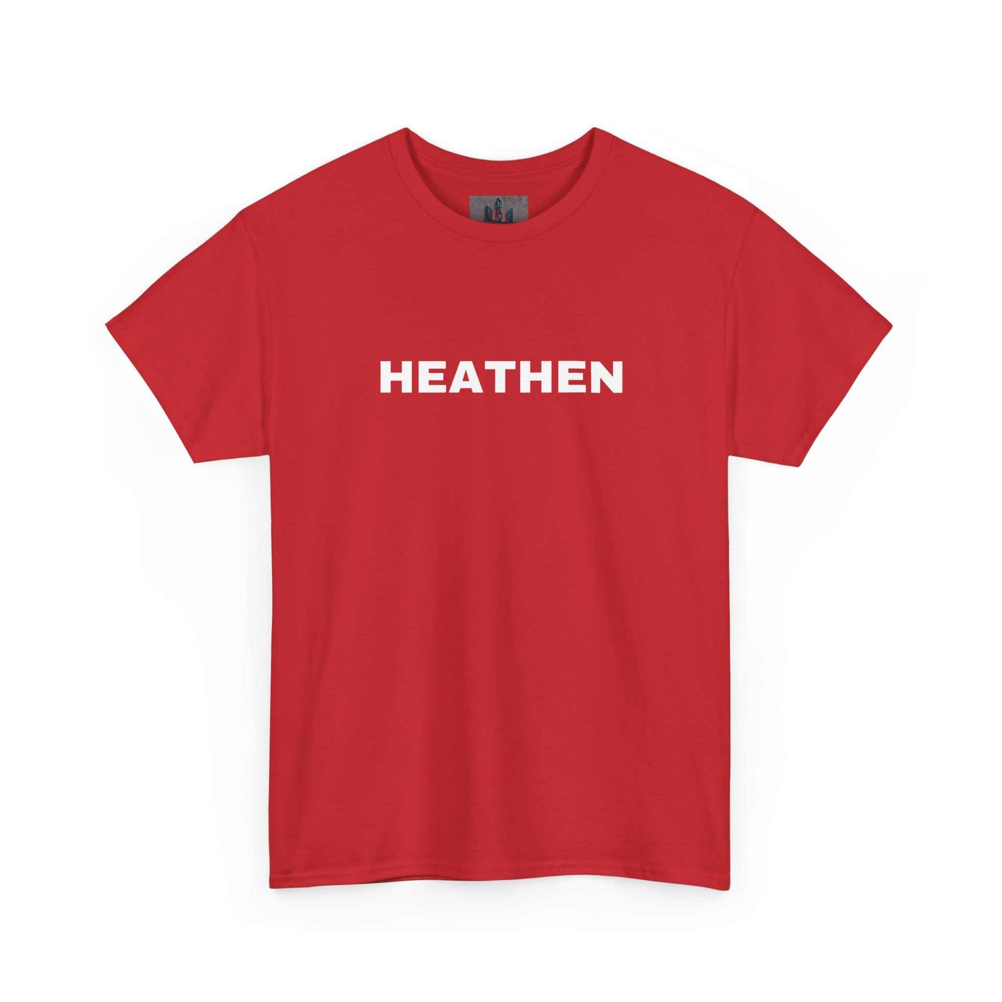 Red Heathen t-shirt with white bold text on chest in classic cotton, durable medium-weight fabric, no-nonsense style.