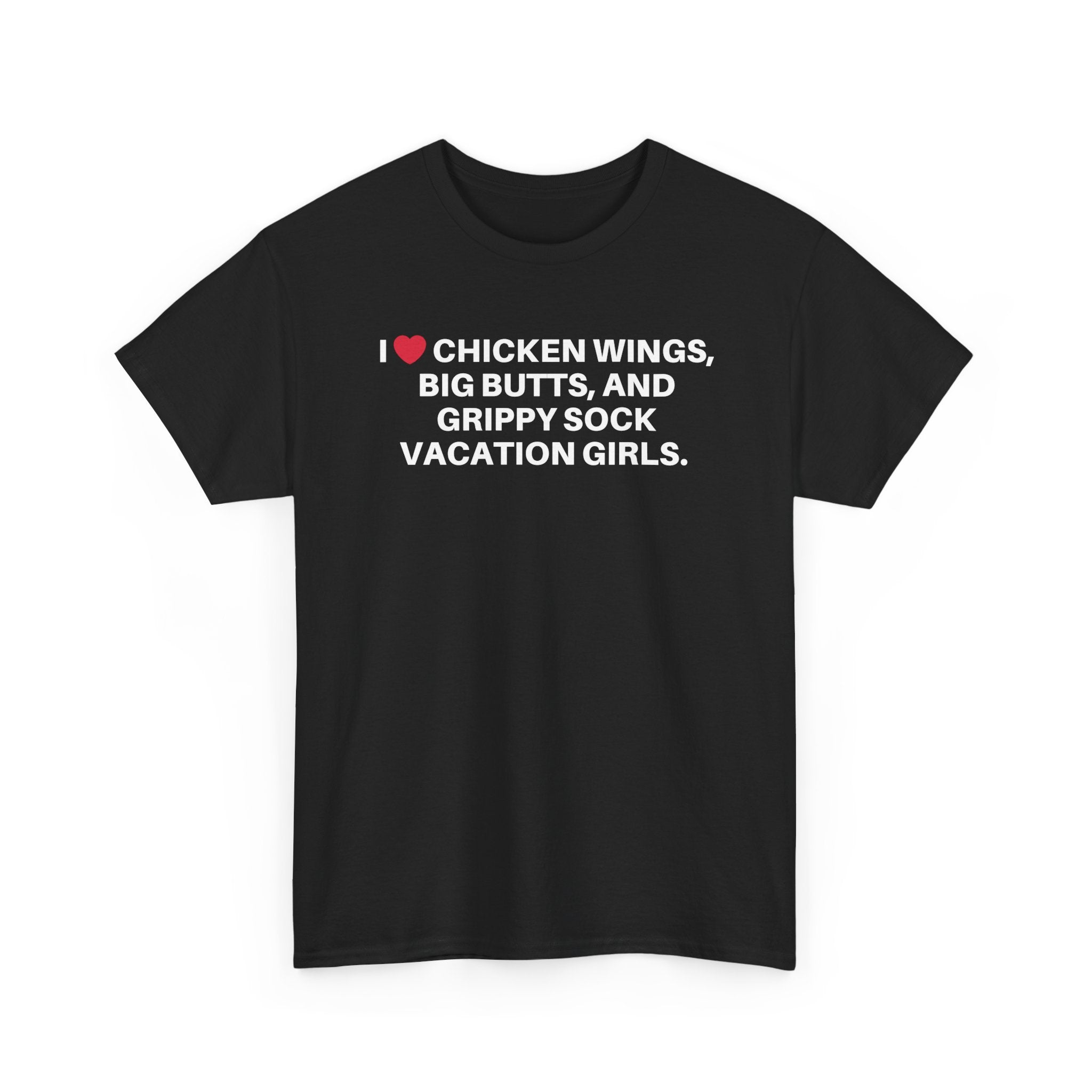 Black relaxed everyday tee with playful white text and red heart graphic on chest