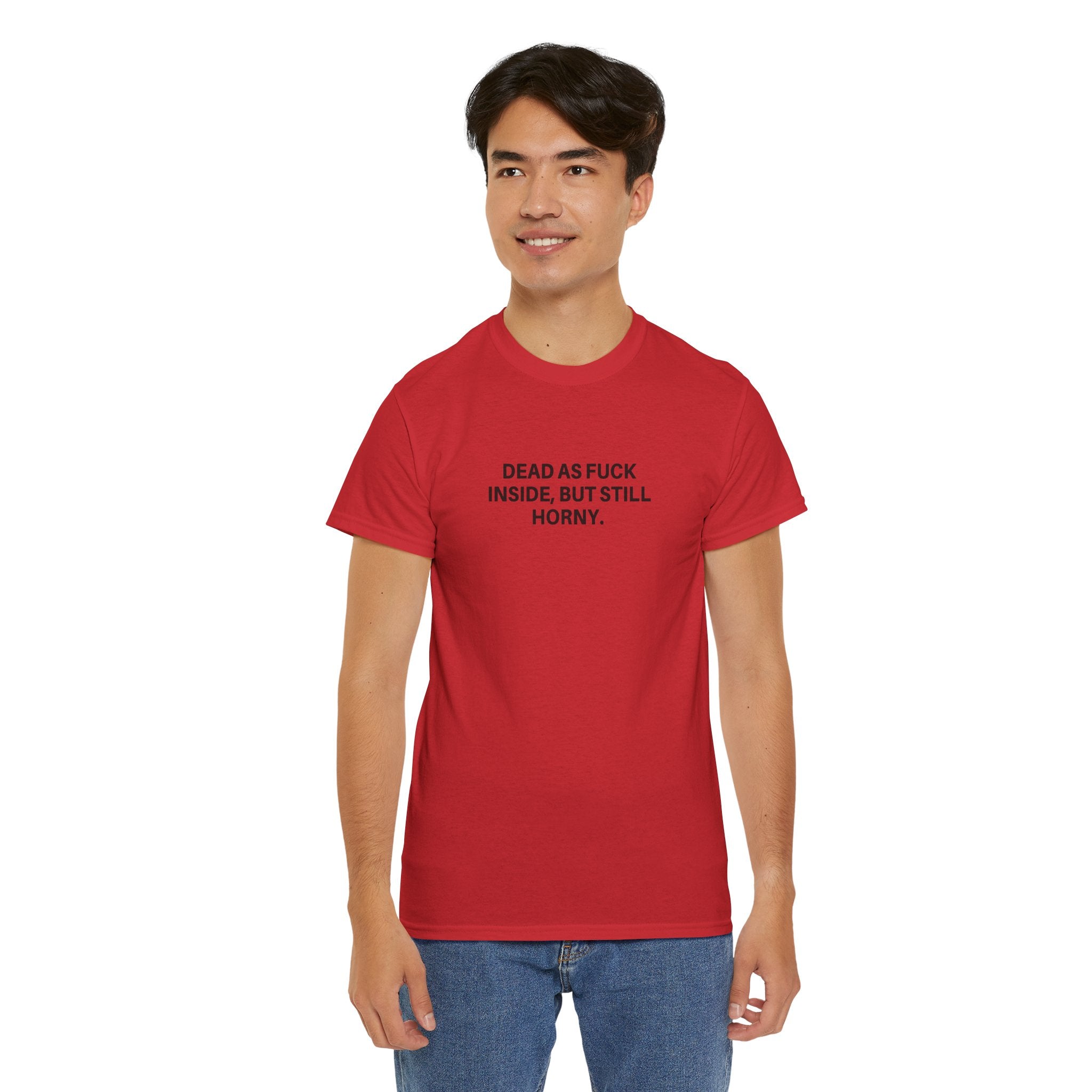 Black Dead as F*** T-Shirt by Printify featuring bold white graphic text on a relaxed fit.