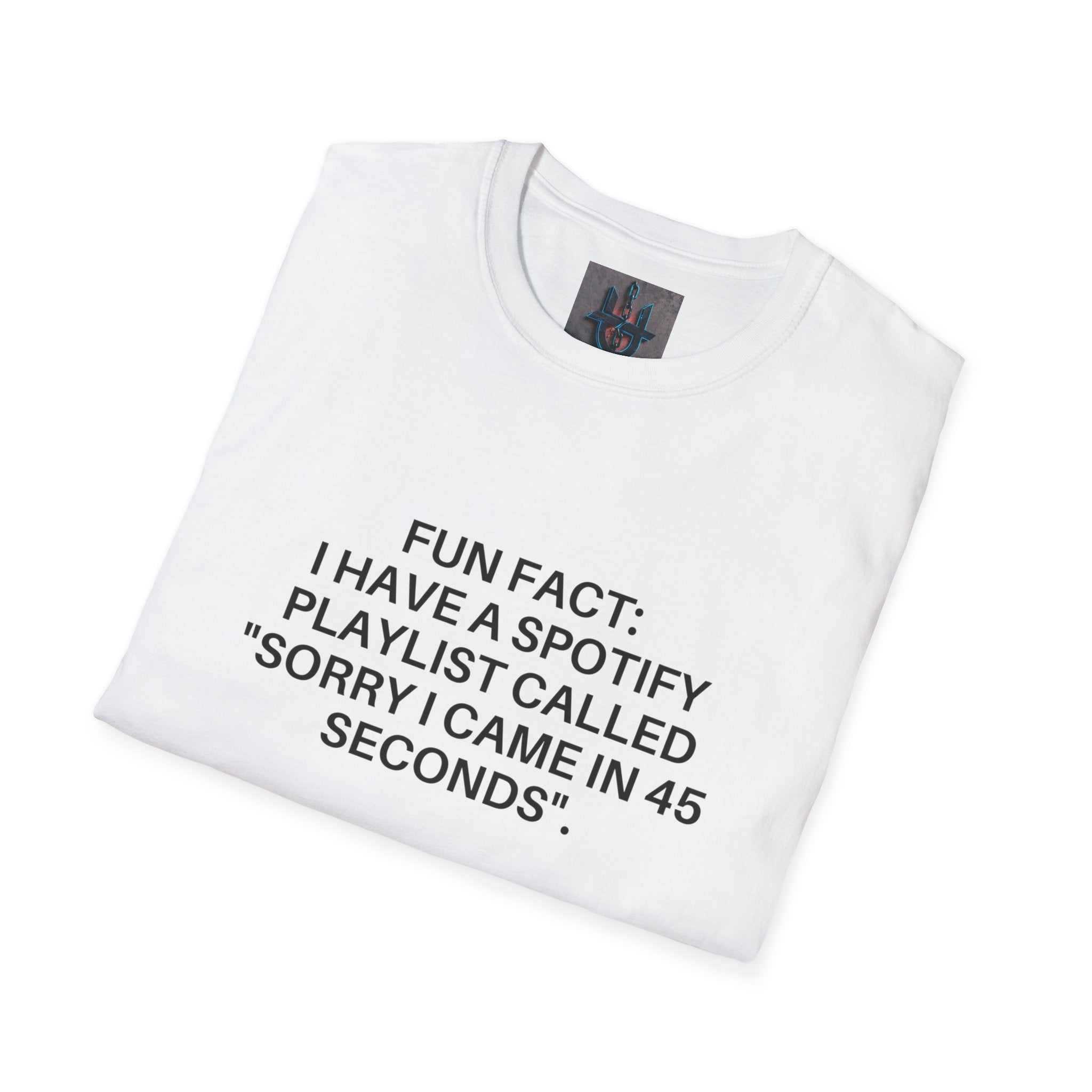 white crew-neck tee with black humorous minimalist text print on front, lightweight soft cotton material
