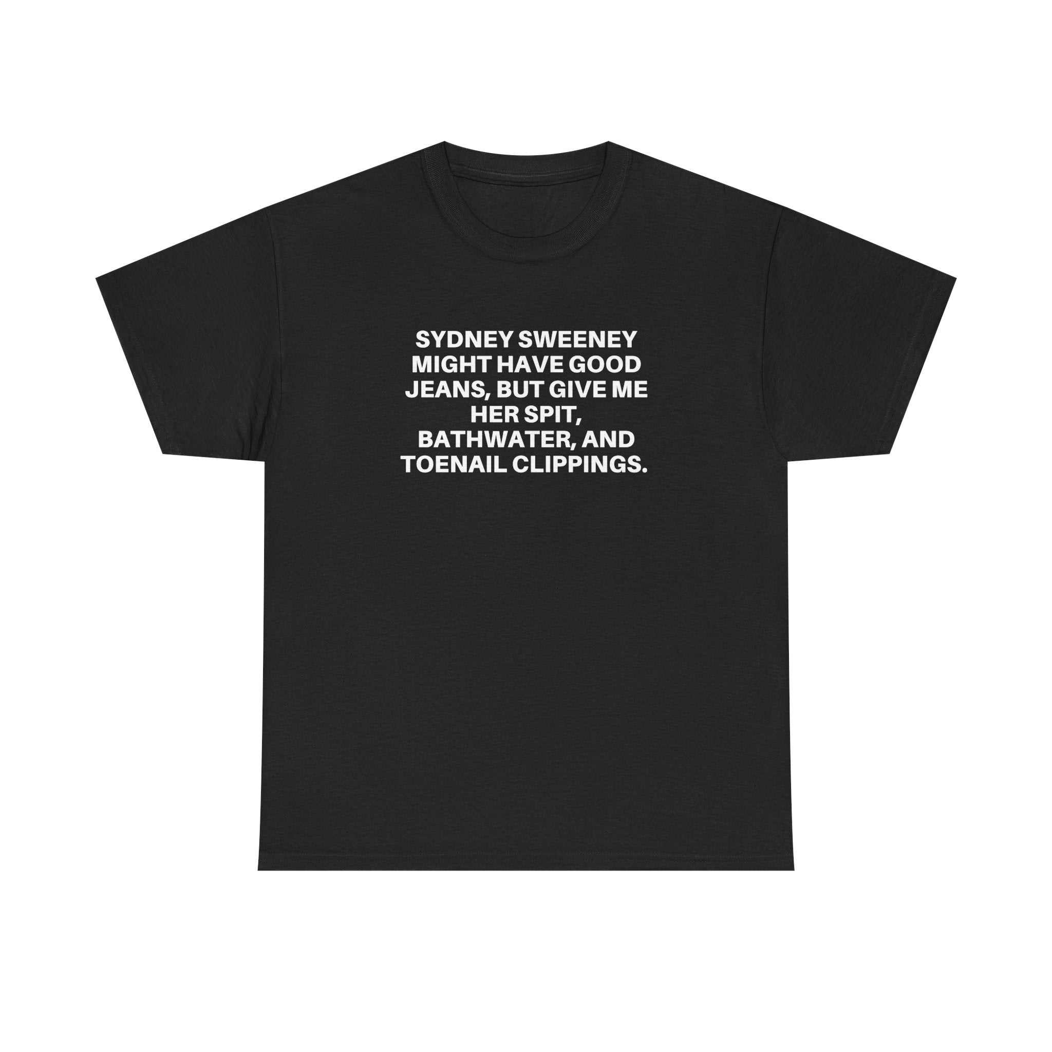 Black Sweeney McDreamy t-shirt with white dry-humor text and relaxed boxy fit