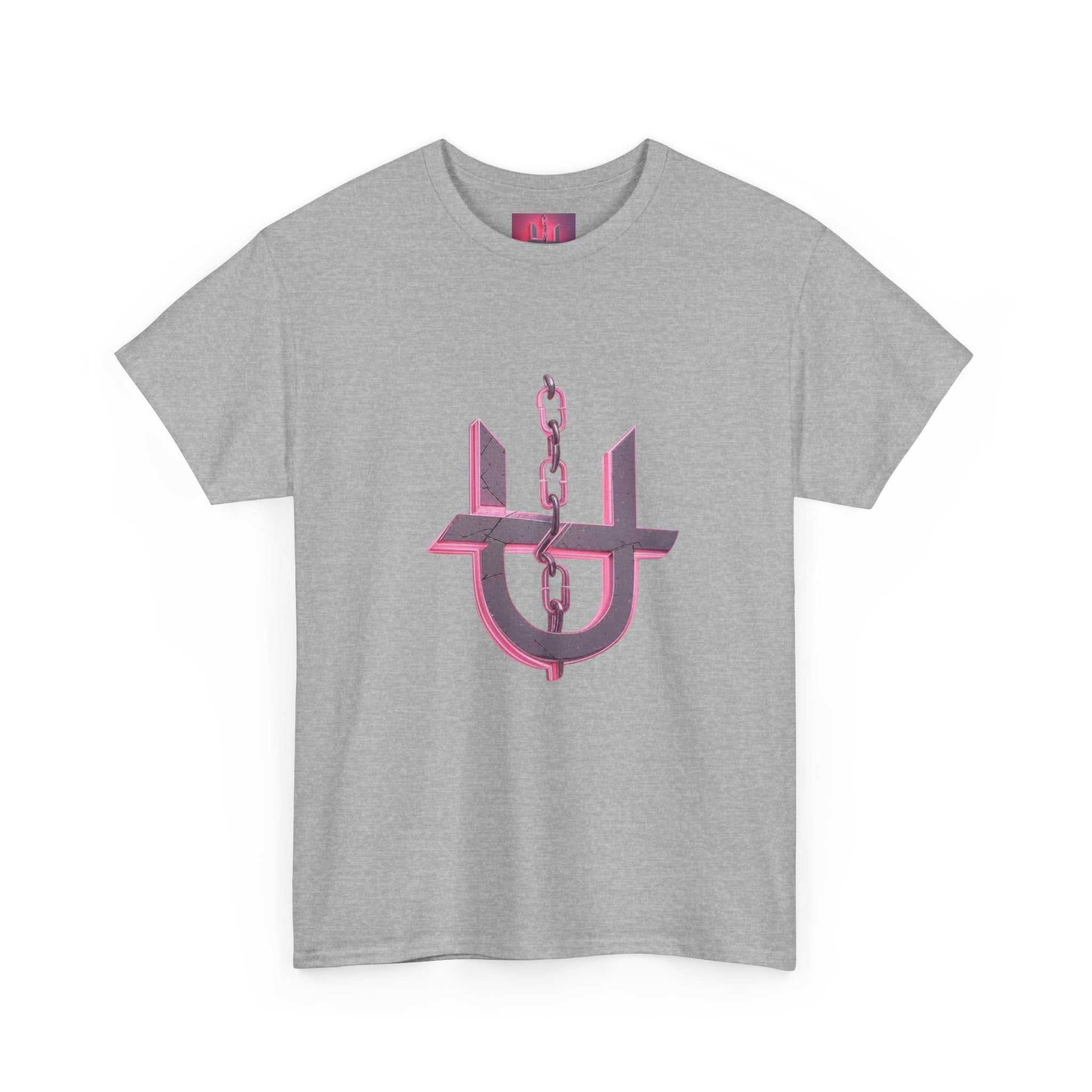 Pink Unhinged logo t-shirt from Printify displayed on a plain background, showcasing vibrant colors and unique design.
