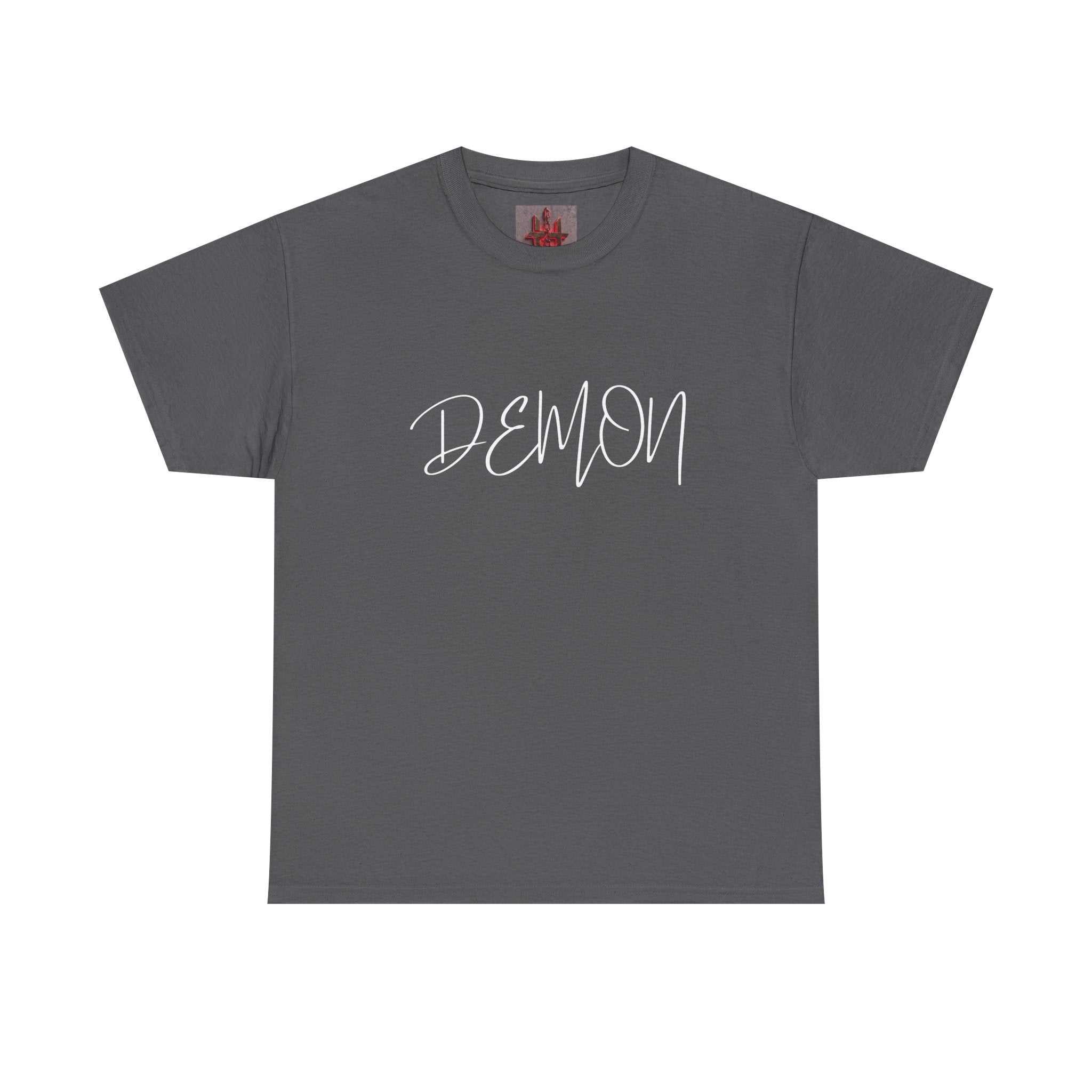 Gray cotton t-shirt featuring bold white handwritten Demon Script across chest