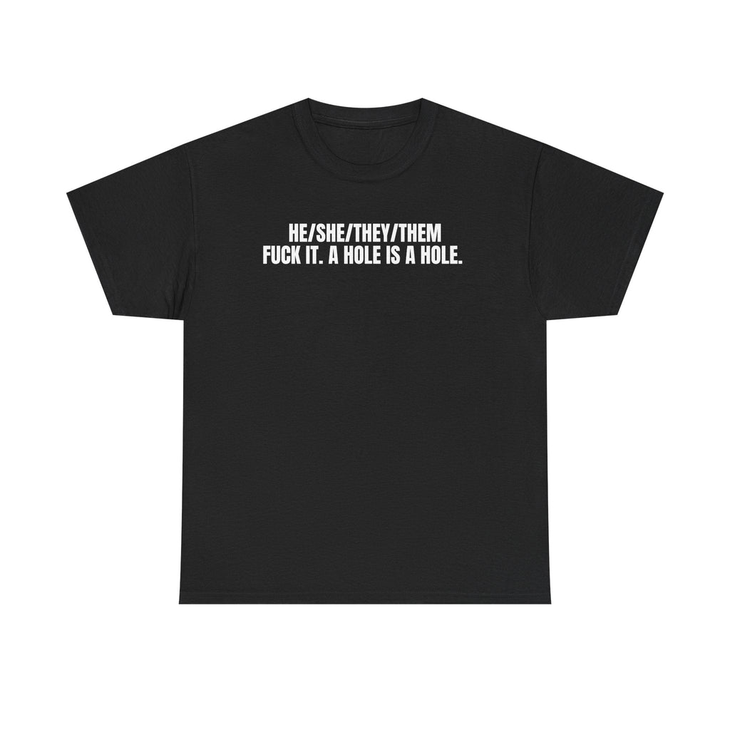 Black bold unapologetic tee with white text statement centered on front, classic crewneck, and relaxed fit