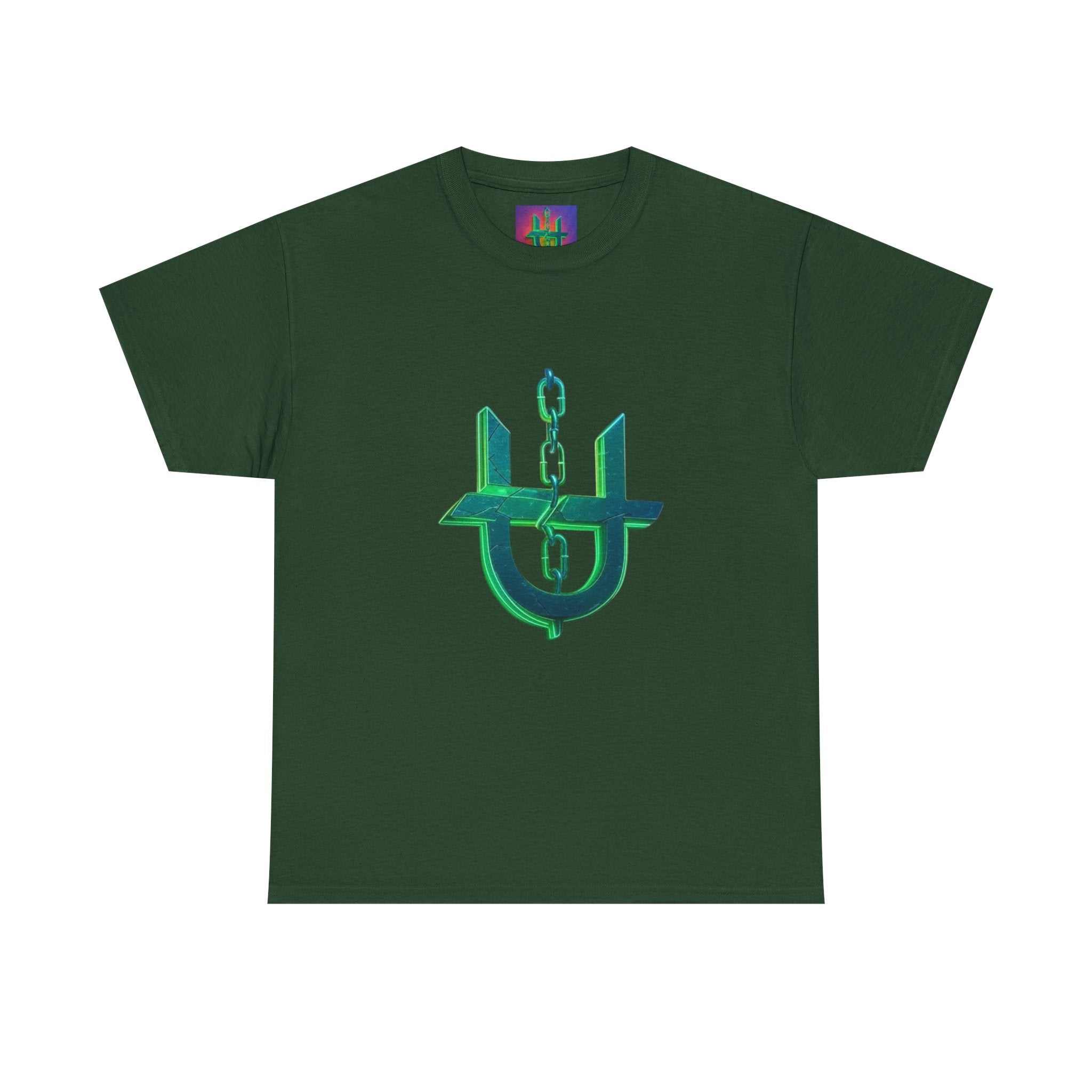 Green Neon Unhinged Logo T-Shirt by Printify displayed on a flat surface with vibrant graphic design.