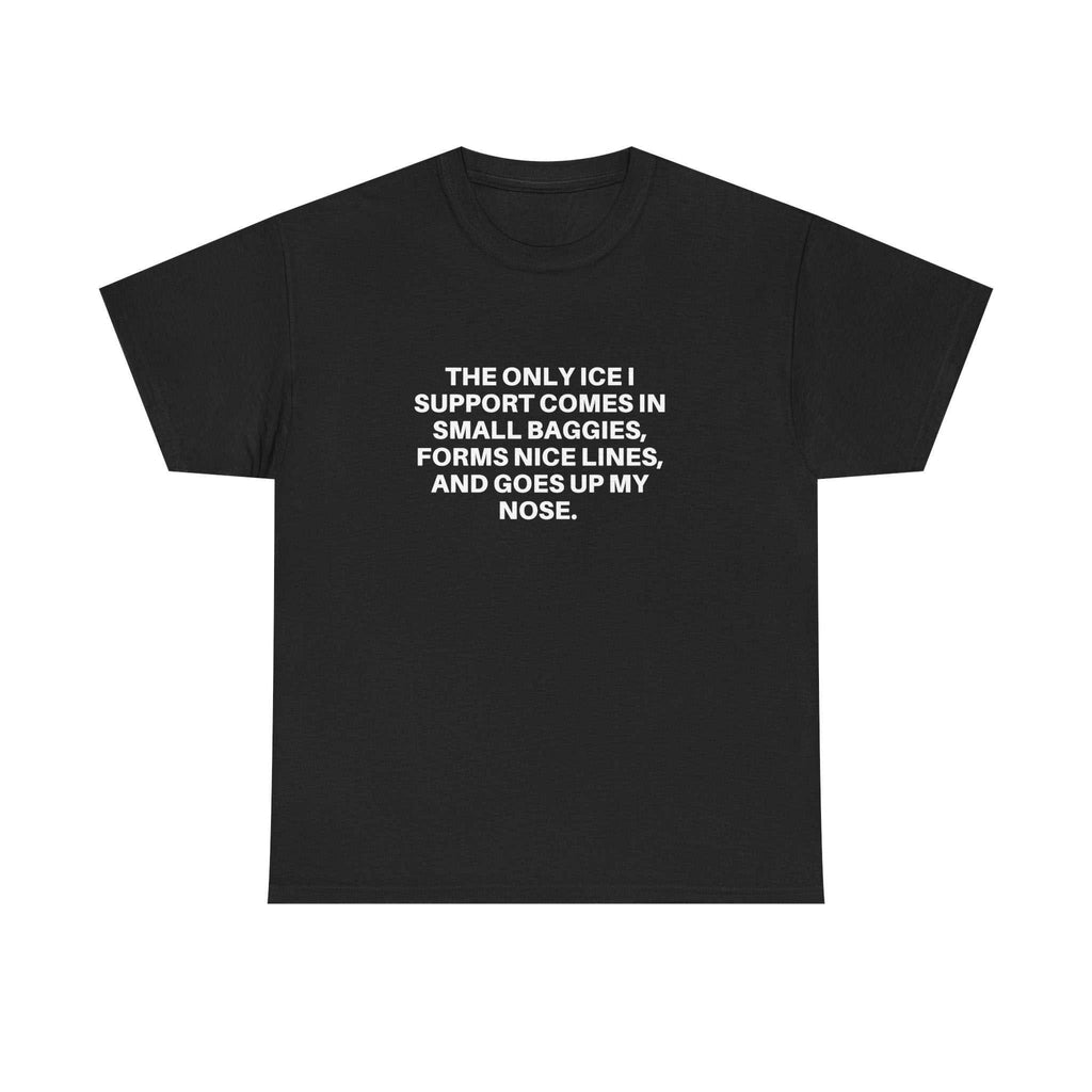 Black Ice Ice Baby t-shirt with bold white text graphic and boxy fit.