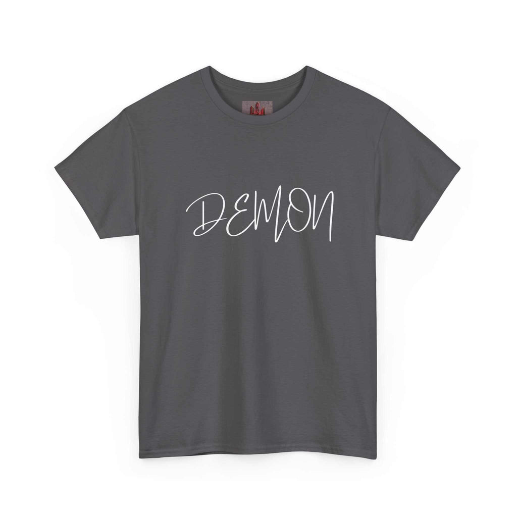 Gray cotton t-shirt with white Demon Script handwritten text on chest, medium-weight breathable fabric, ribbed collar, and classic fit.