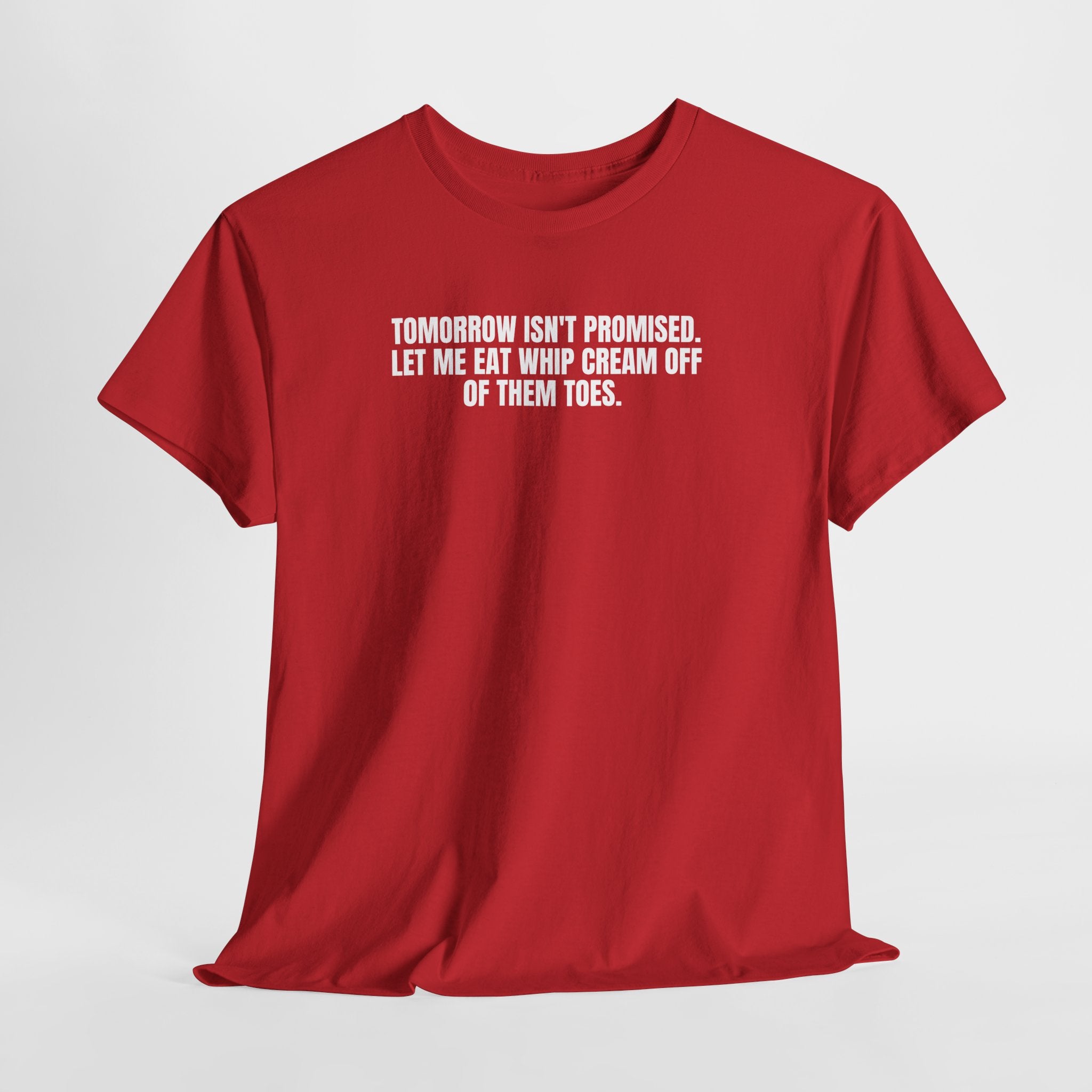 Black T-shirt featuring the phrase "Tomorrow Still Isn't Promised" by Printify displayed on a neutral background.