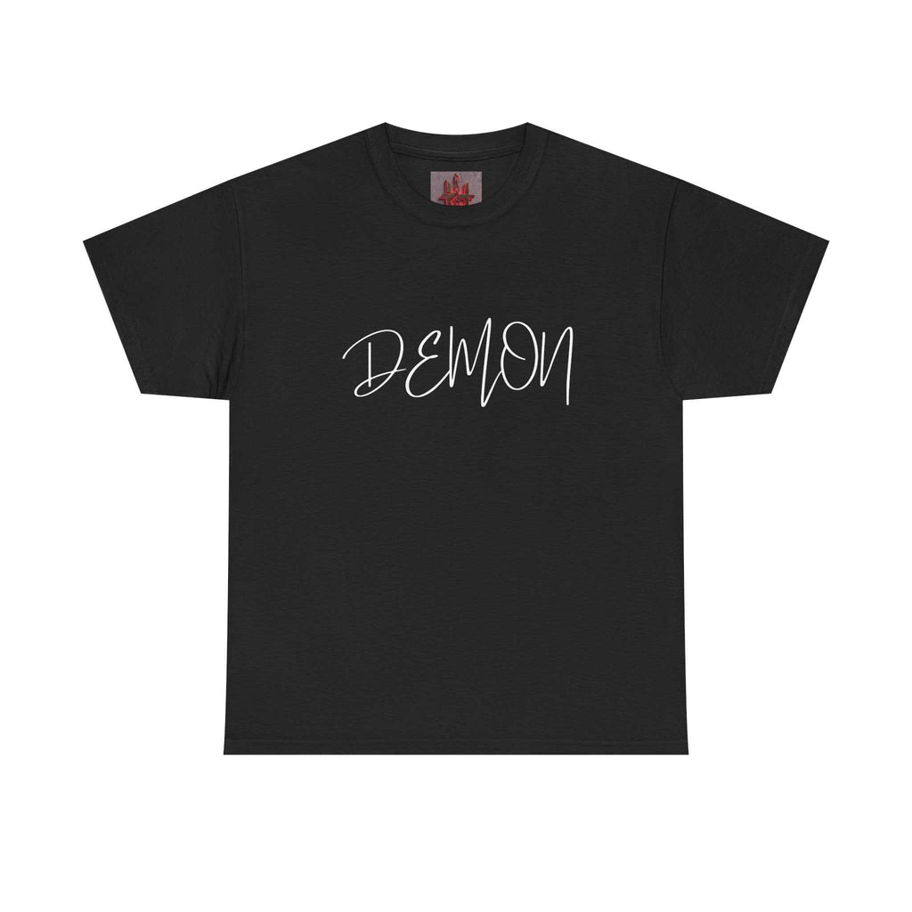 Black Demon Script t-shirt with white handwritten demon text on chest in a classic fit cotton tee