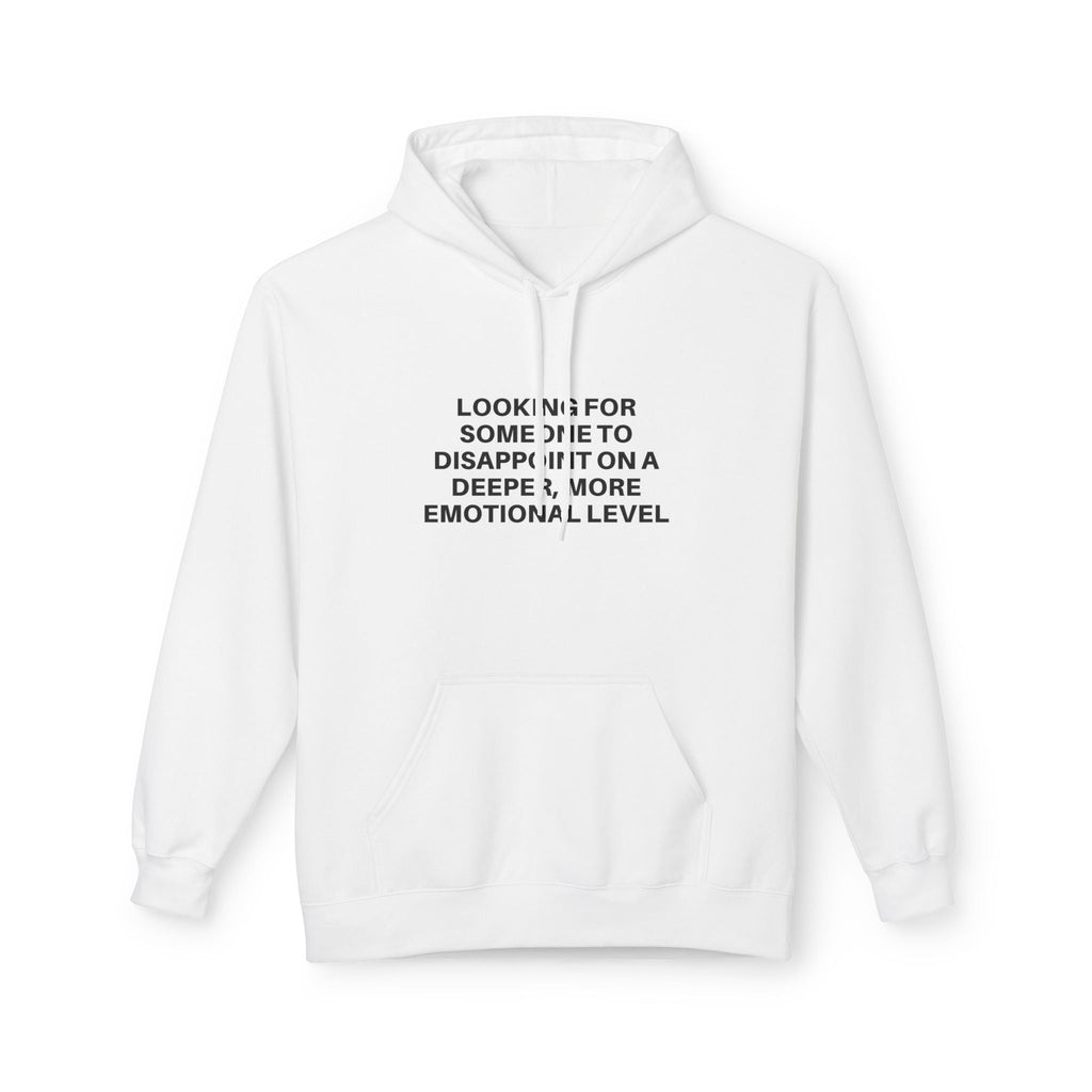 White Deeper Level Hoodie with minimalist black text and front pouch pocket, relaxed fit and jersey-lined hood
