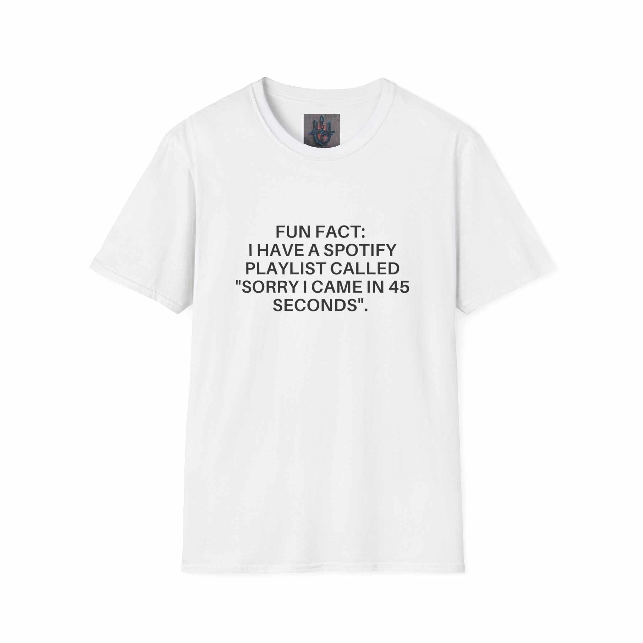 White crew-neck Fun Fact t-shirt with minimalist black text front print and lightweight cotton fabric
