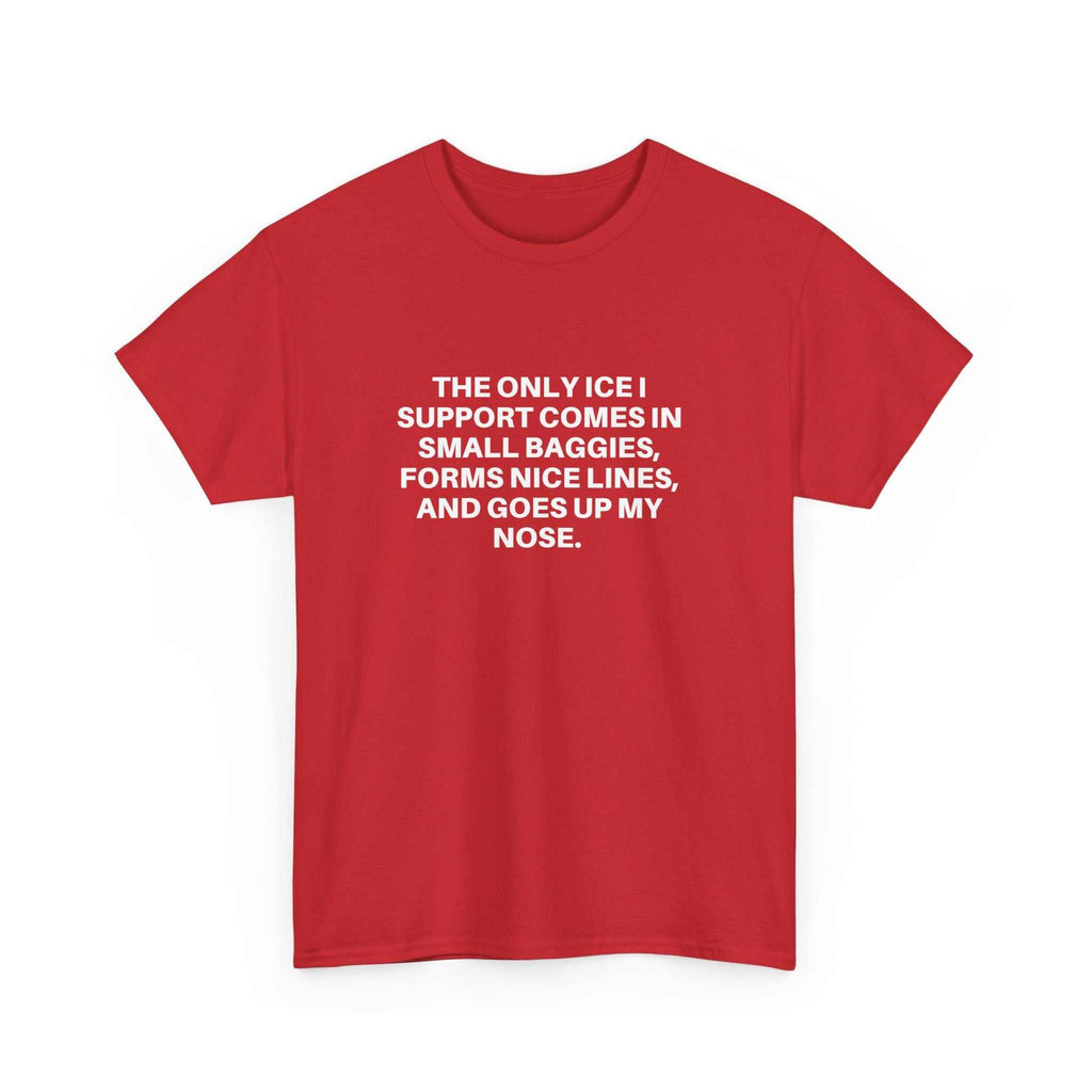 White Printify T-shirt featuring a playful "Ice Ice Baby" graphic design on the front.