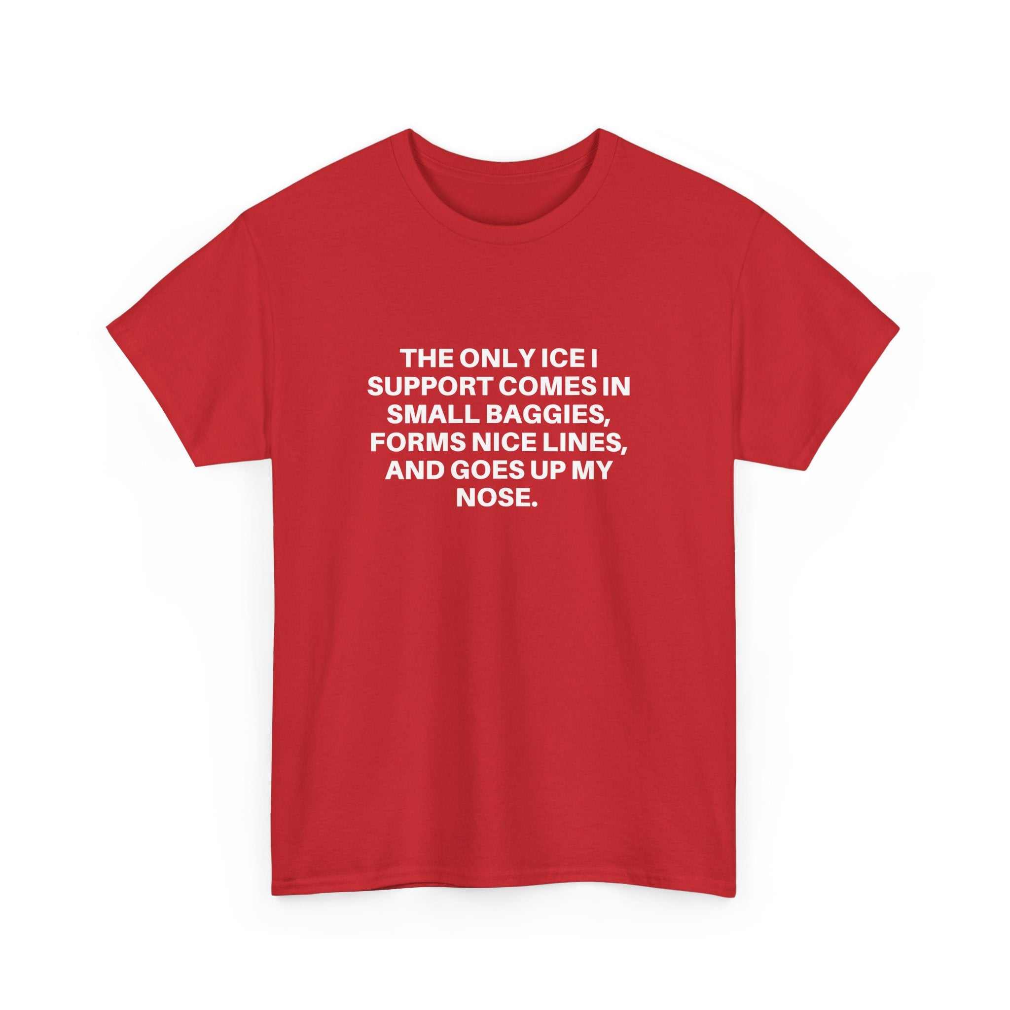 White Printify T-shirt featuring a playful "Ice Ice Baby" graphic design on the front.