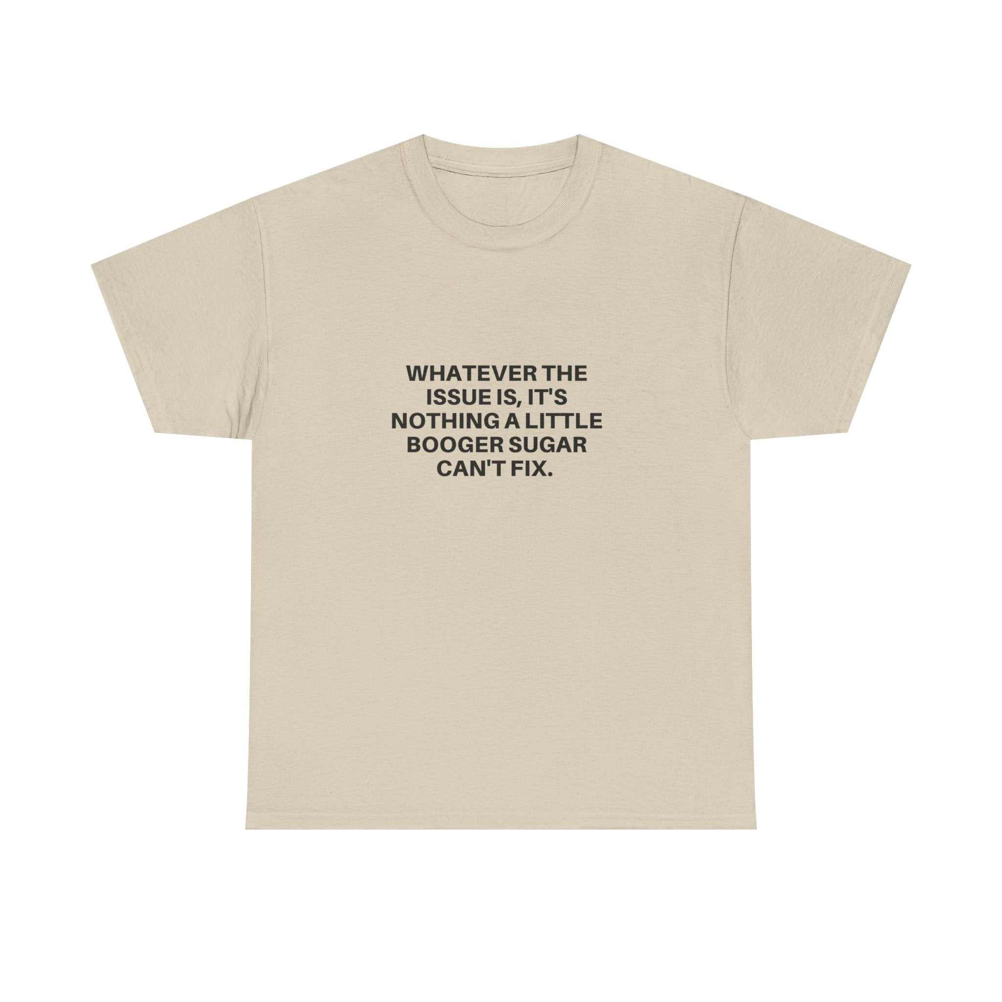 Booger Sugar beige cotton t-shirt with centered humorous text design