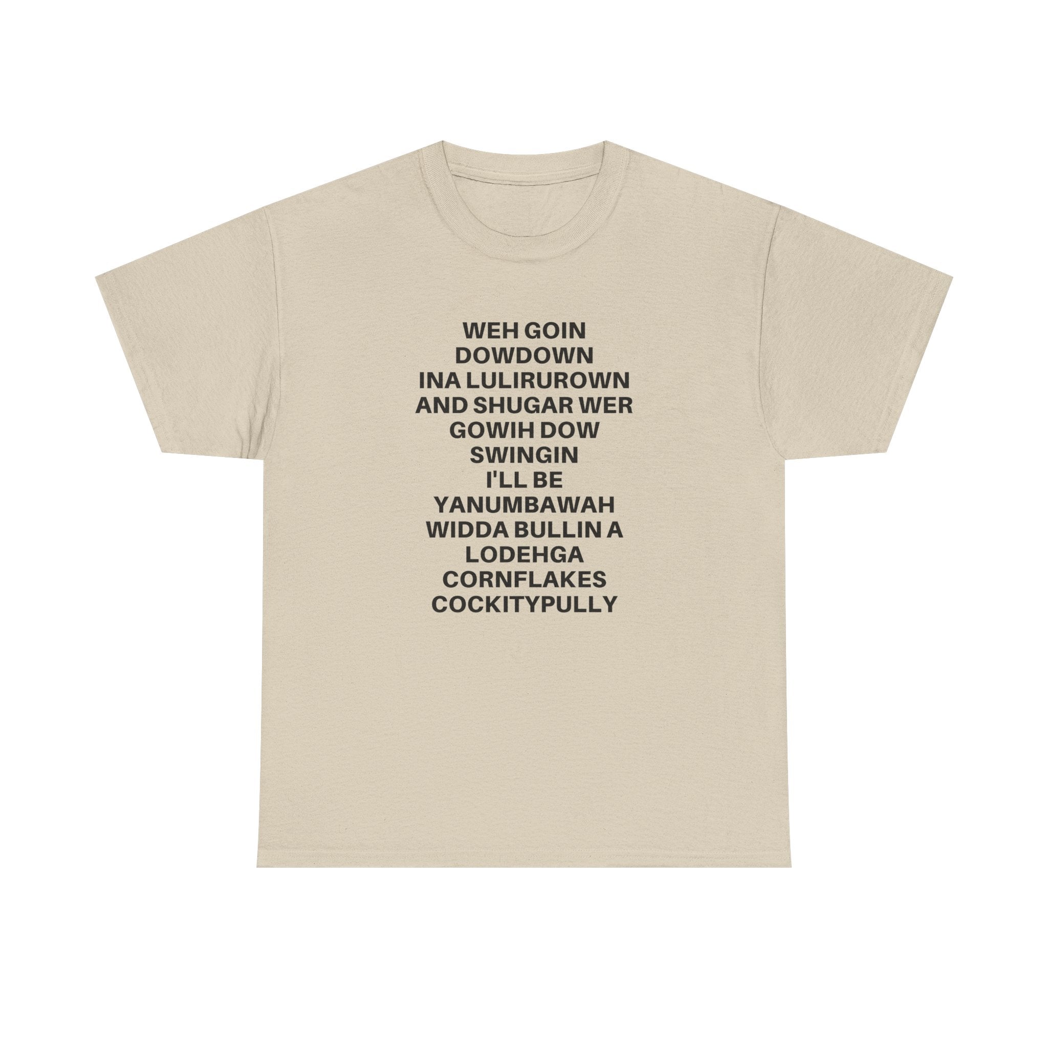 Printify going down swingin' T-shirt featuring a bold graphic design on a classic fit, shown in a flat lay arrangement.