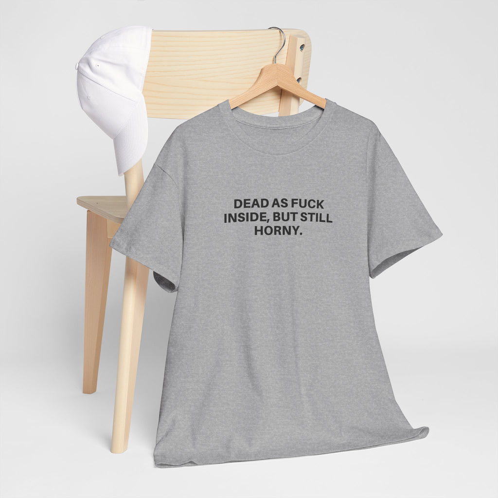 Black "Dead as F***" t-shirt by Printify featuring bold white graphic text on a casual fit.