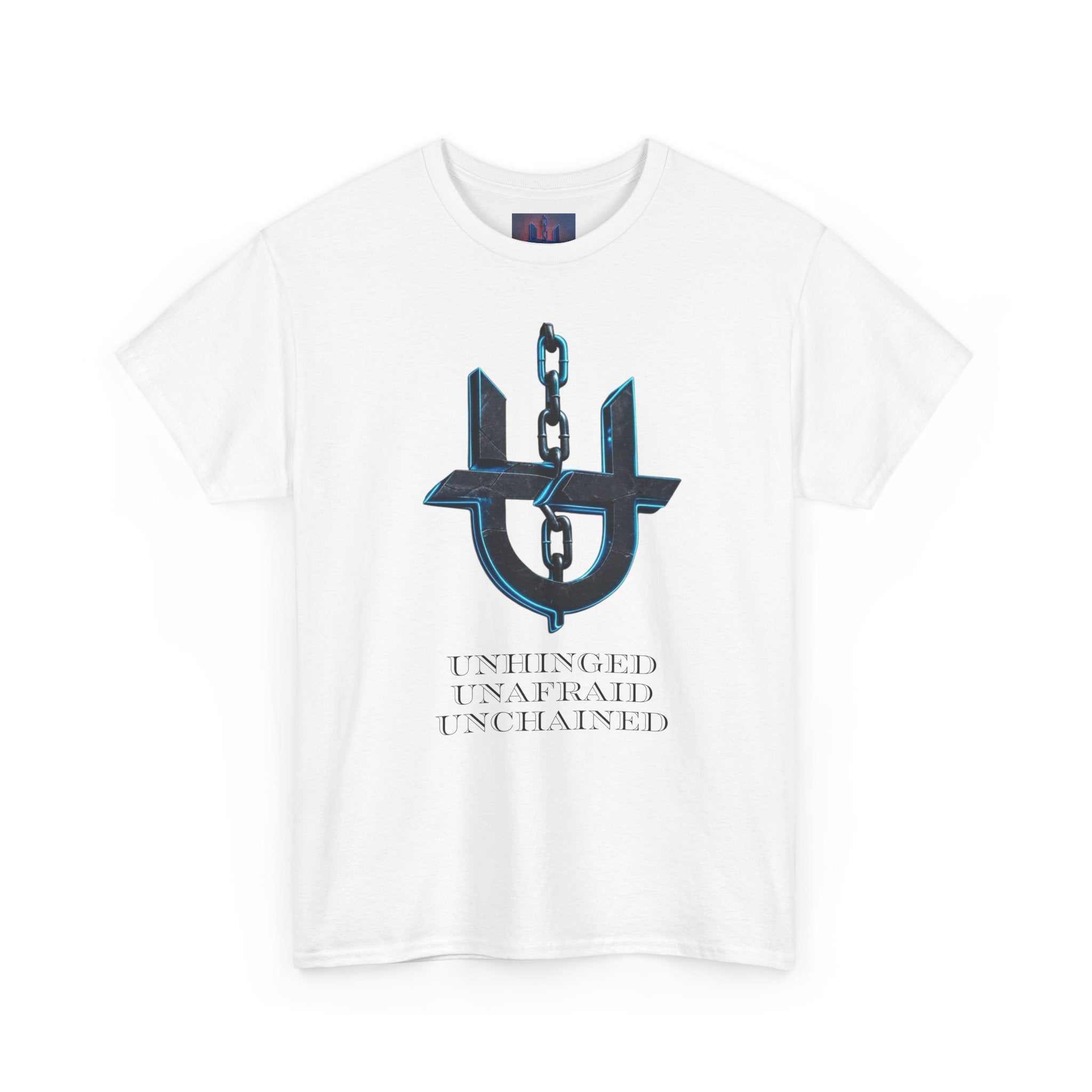 Black Printify t-shirt featuring the Unhinged UnChained Unafraid emblem on the front, displayed on a plain background.