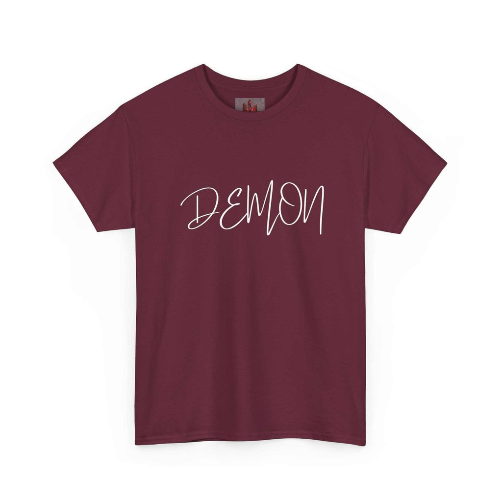 Maroon Demon Script cotton t-shirt with bold white handwritten print on chest
