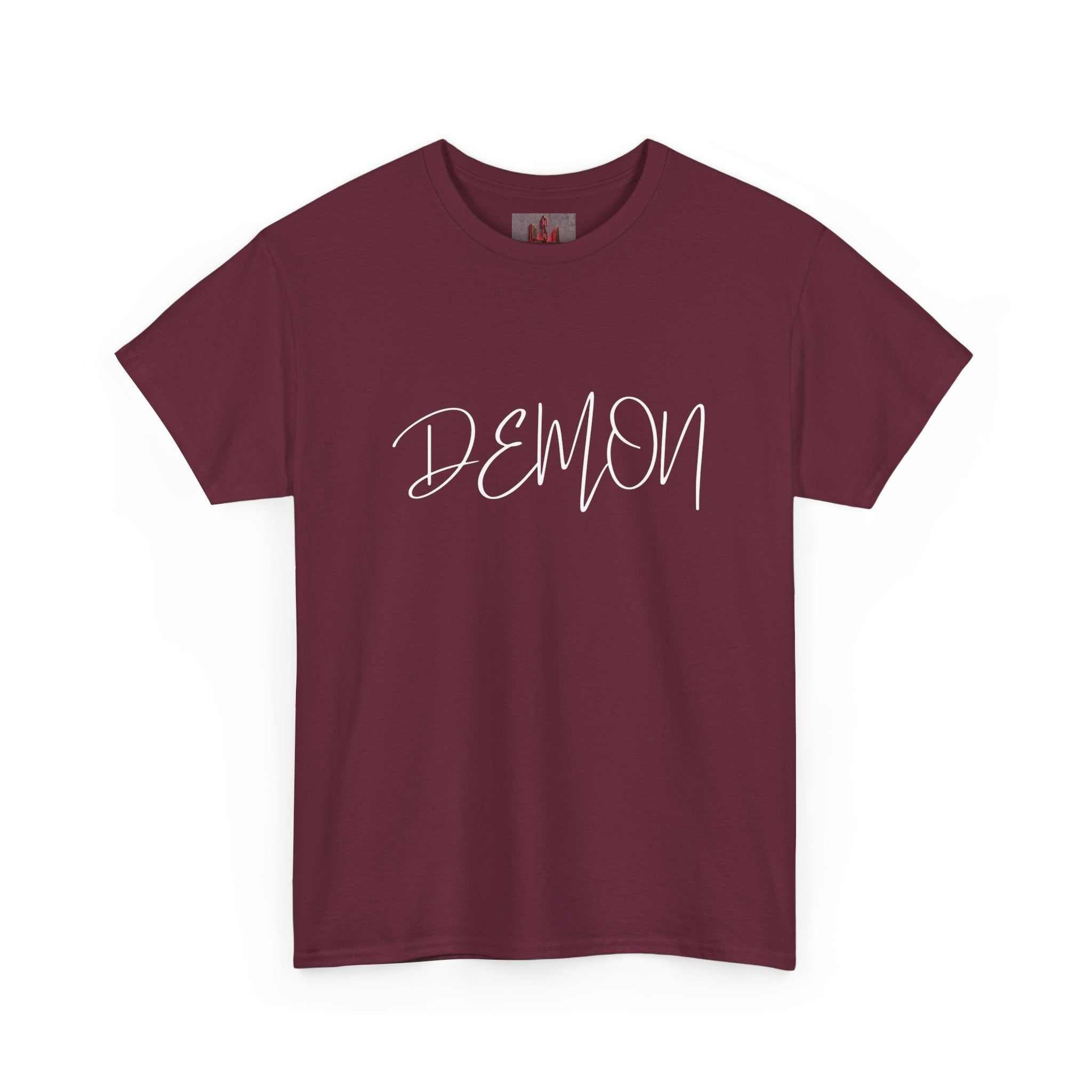 Maroon Demon Script cotton t-shirt with bold white handwritten print on chest