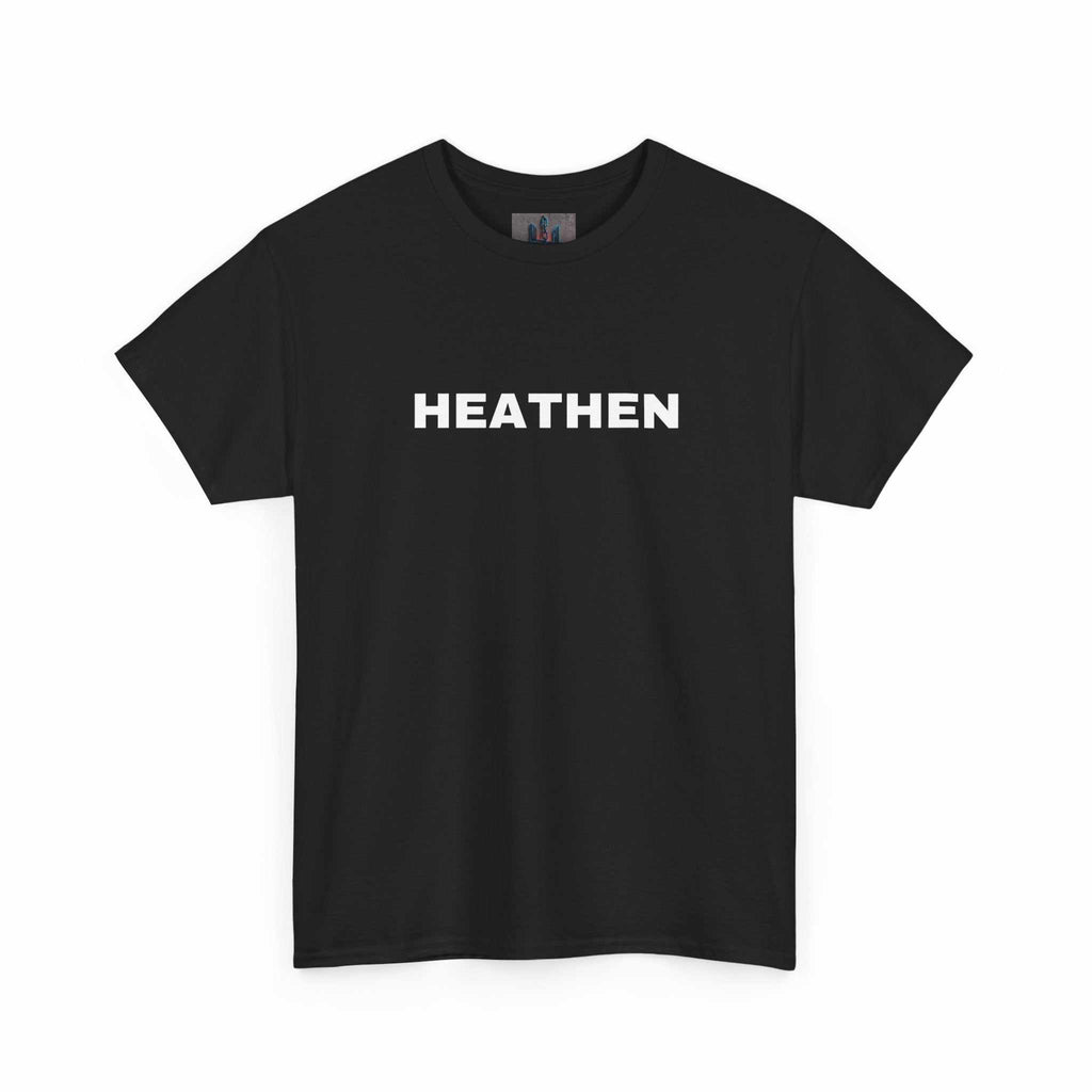 Black Heathen t-shirt with bold white text, made of durable 100% cotton, classic fit with ribbed collar