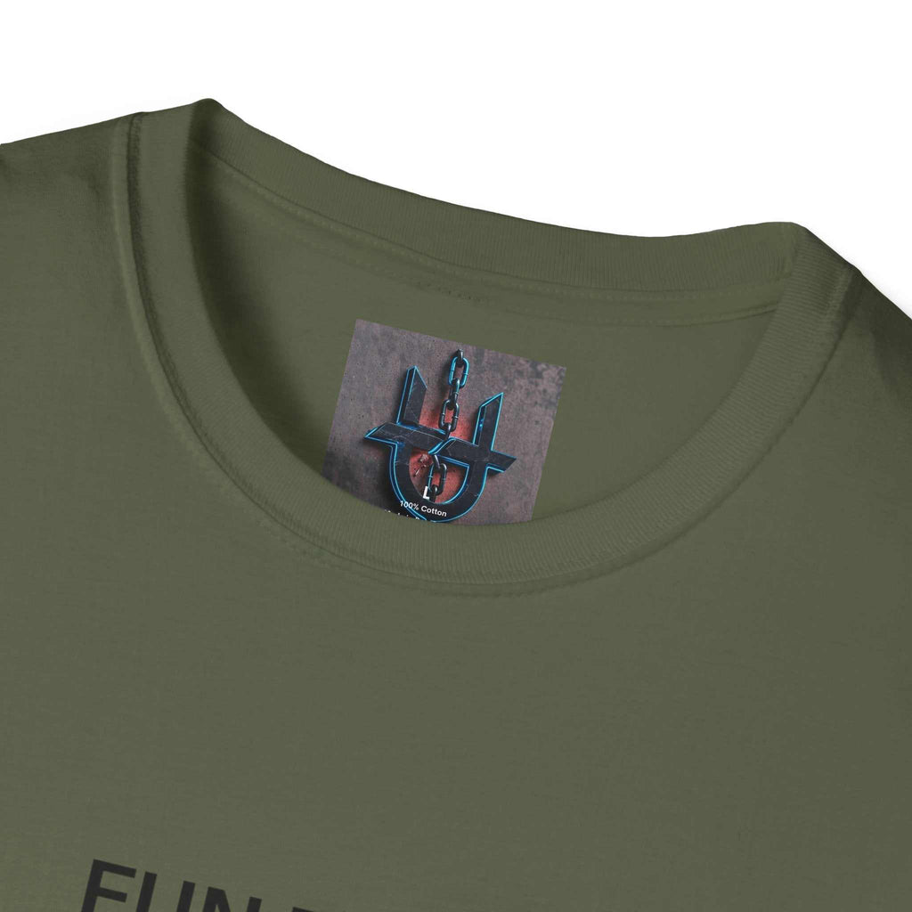 olive green crew-neck tee with minimalist front print and ribbed neckline