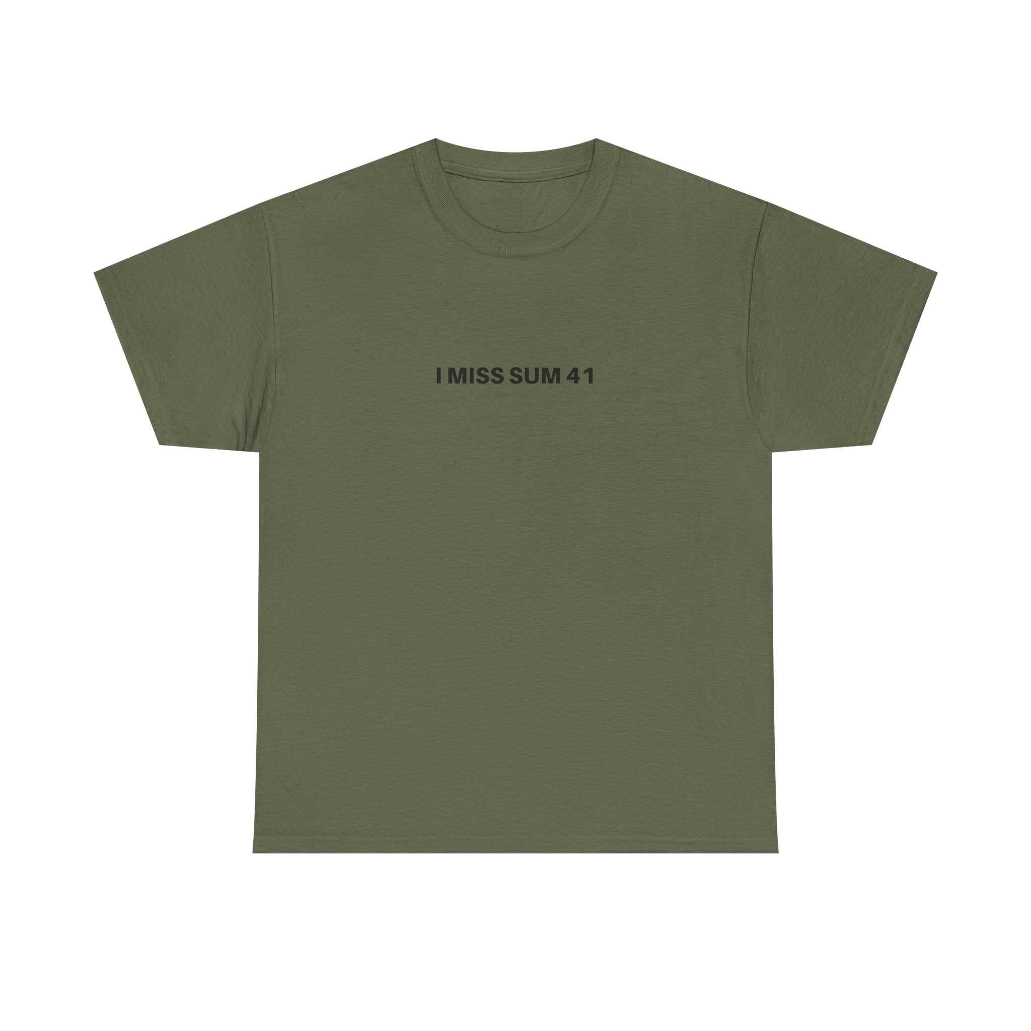 Black I MISS SUM 41 T-shirt by Printify featuring bold graphic text on a casual fit.