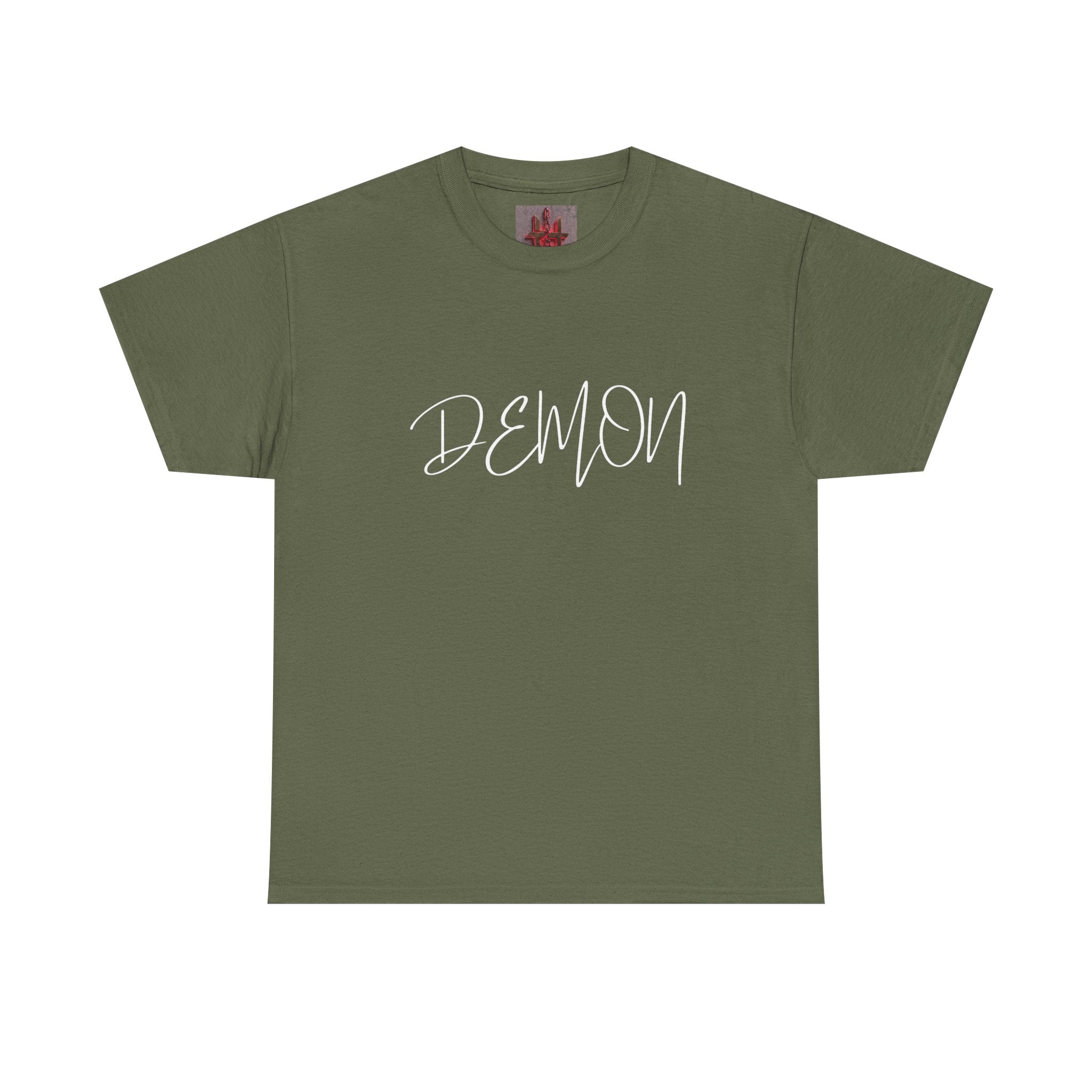 Olive green Demon Script tee with bold white handwritten text, soft breathable cotton, classic fit