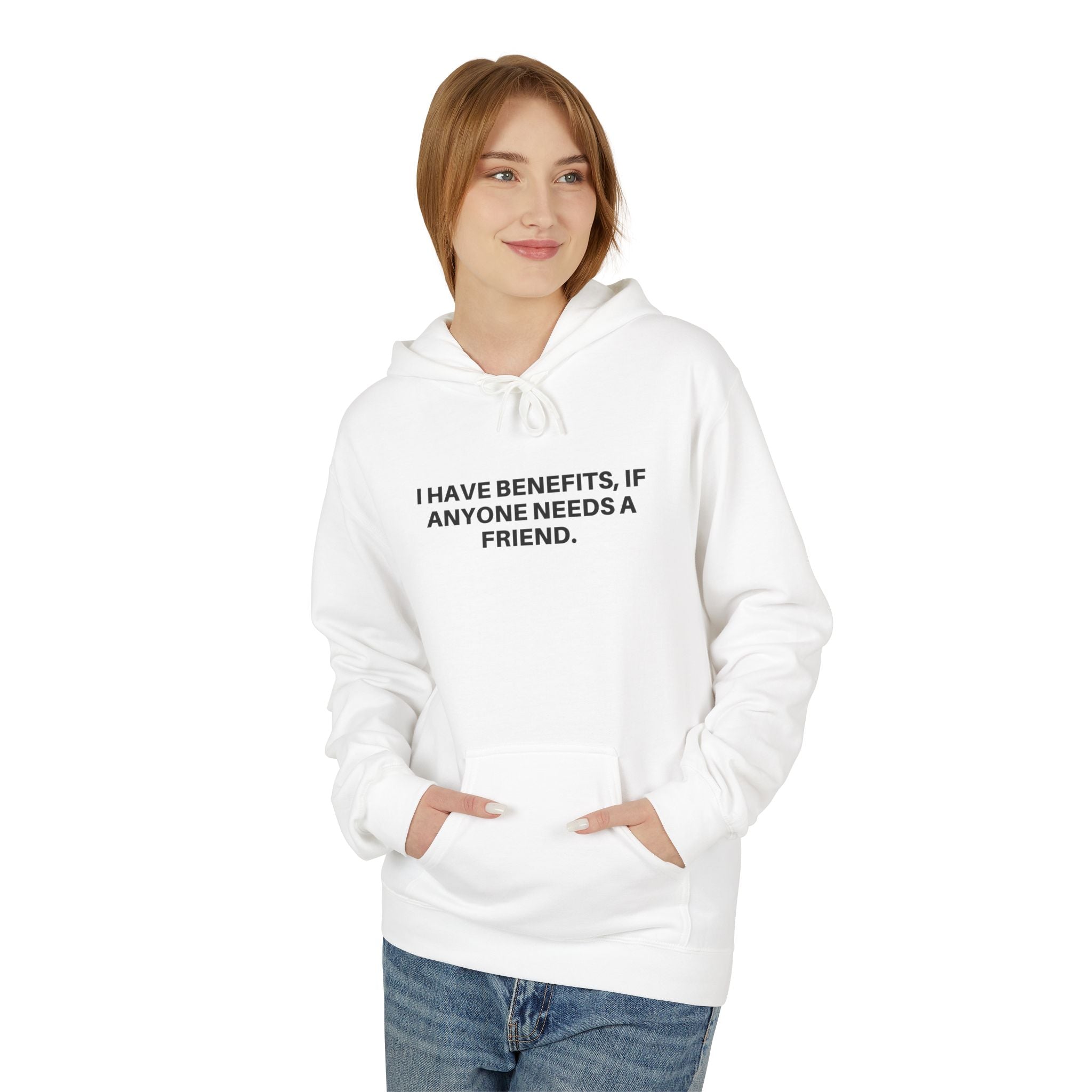 Light gray Printify hoodie featuring "Anyone Need A Friend" text design on the front.