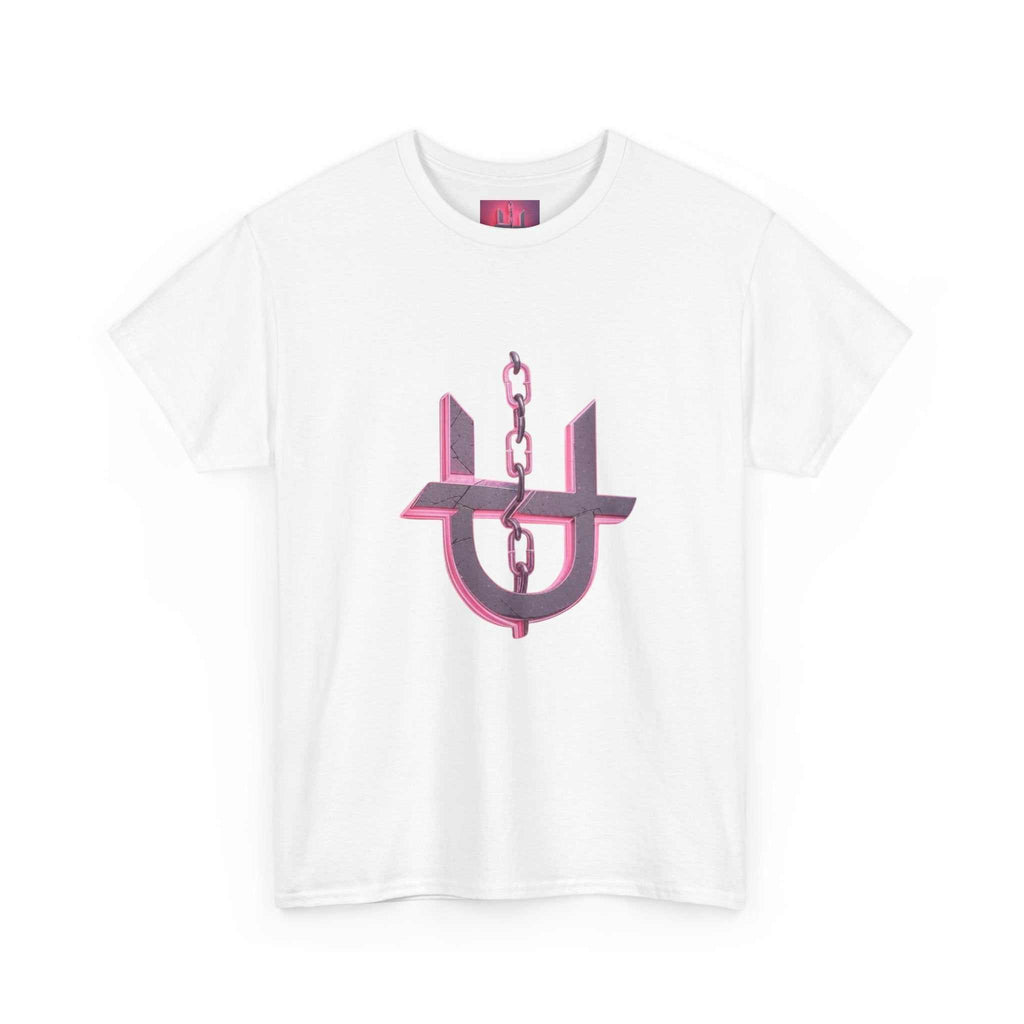 Pink Unhinged logo t-shirt by Printify displayed flat, showcasing the vibrant design and soft fabric texture.